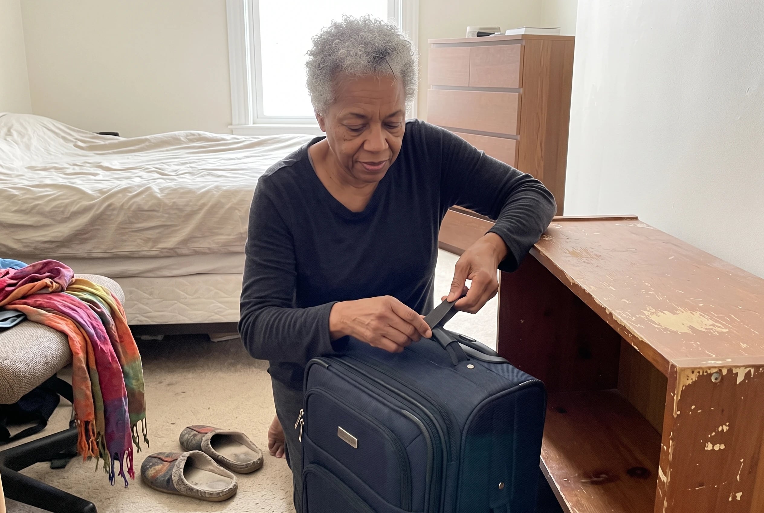 Woman lifting a suitcase onto a low shelf in her bedroom.