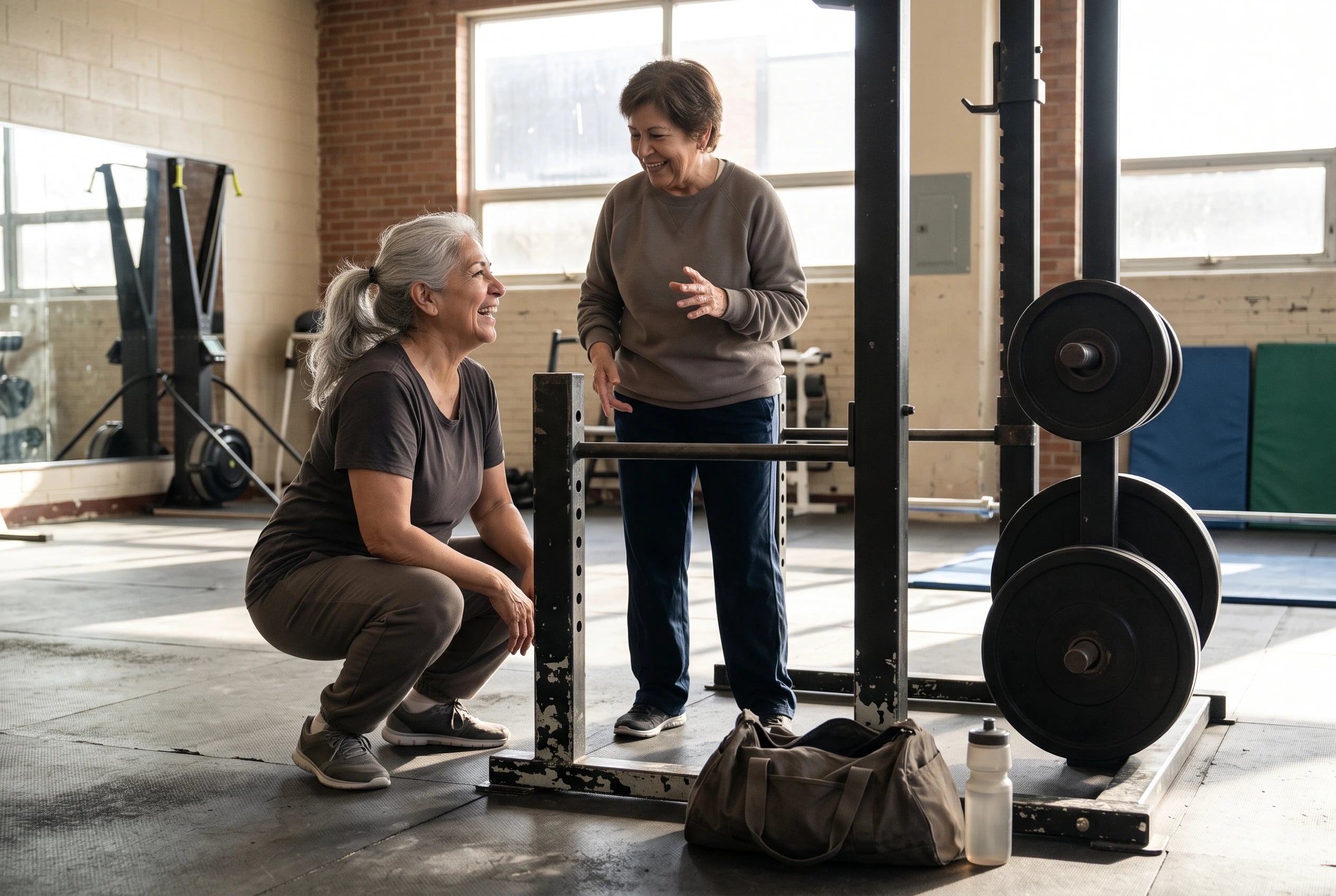 Woman repeating a familiar squat beside a weight rack at a recreation center.