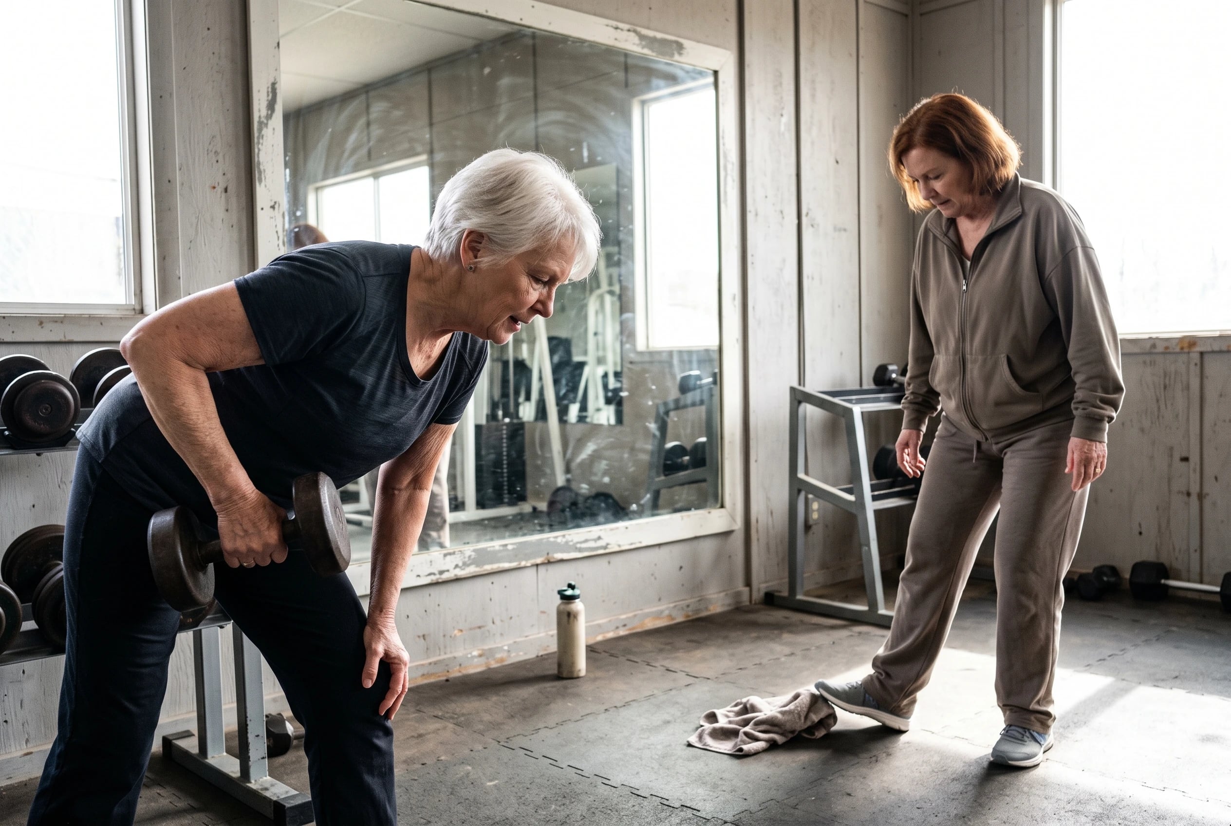 Woman doing a bent-over row beside a mirror in a community gym.