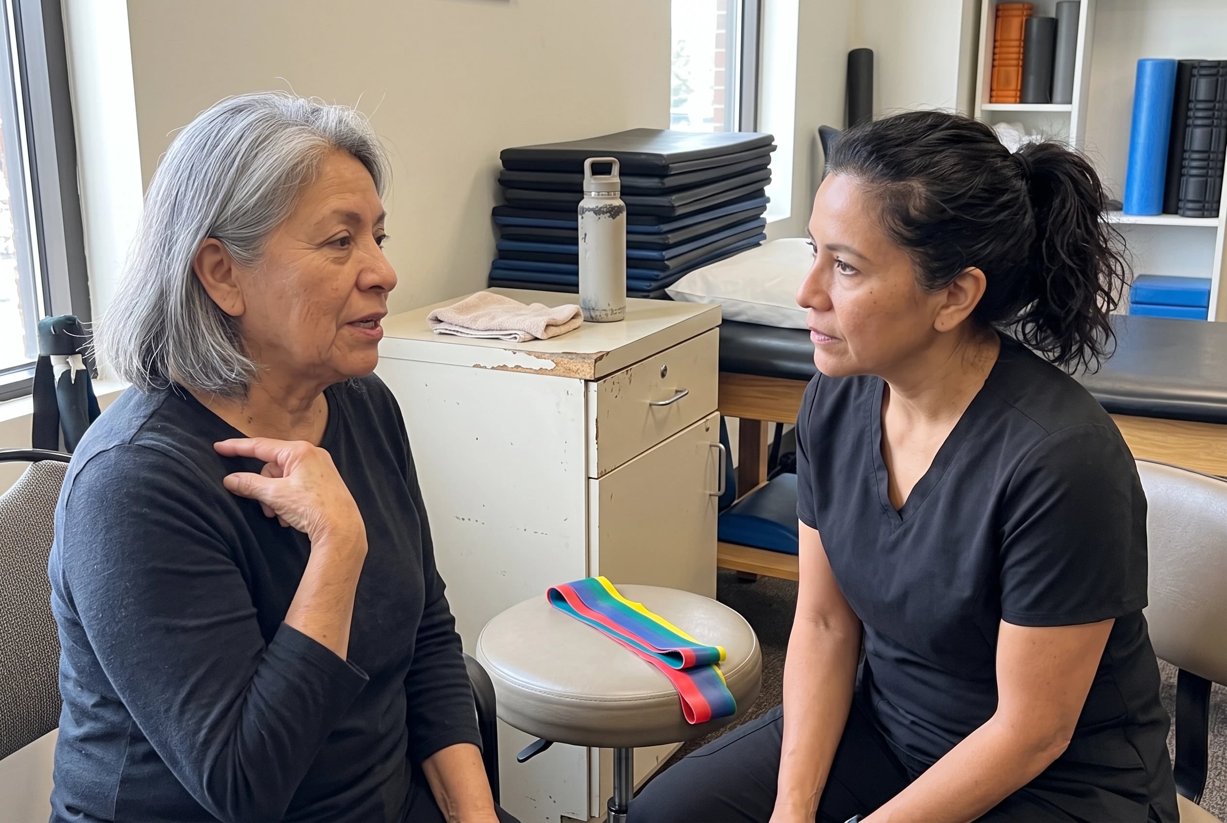 Woman pointing to her shoulder while speaking with a physical therapist in a clinic.