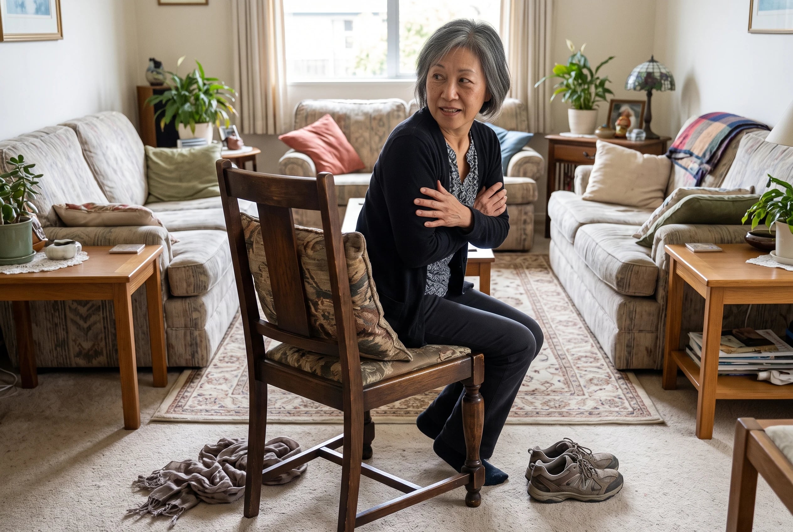 Woman standing from a sturdy chair without using its arms in her living room.
