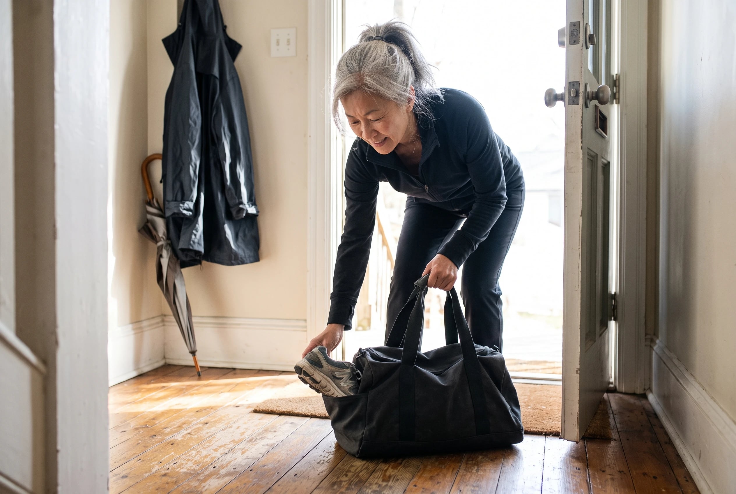 Woman setting a gym bag by her front door before leaving home.