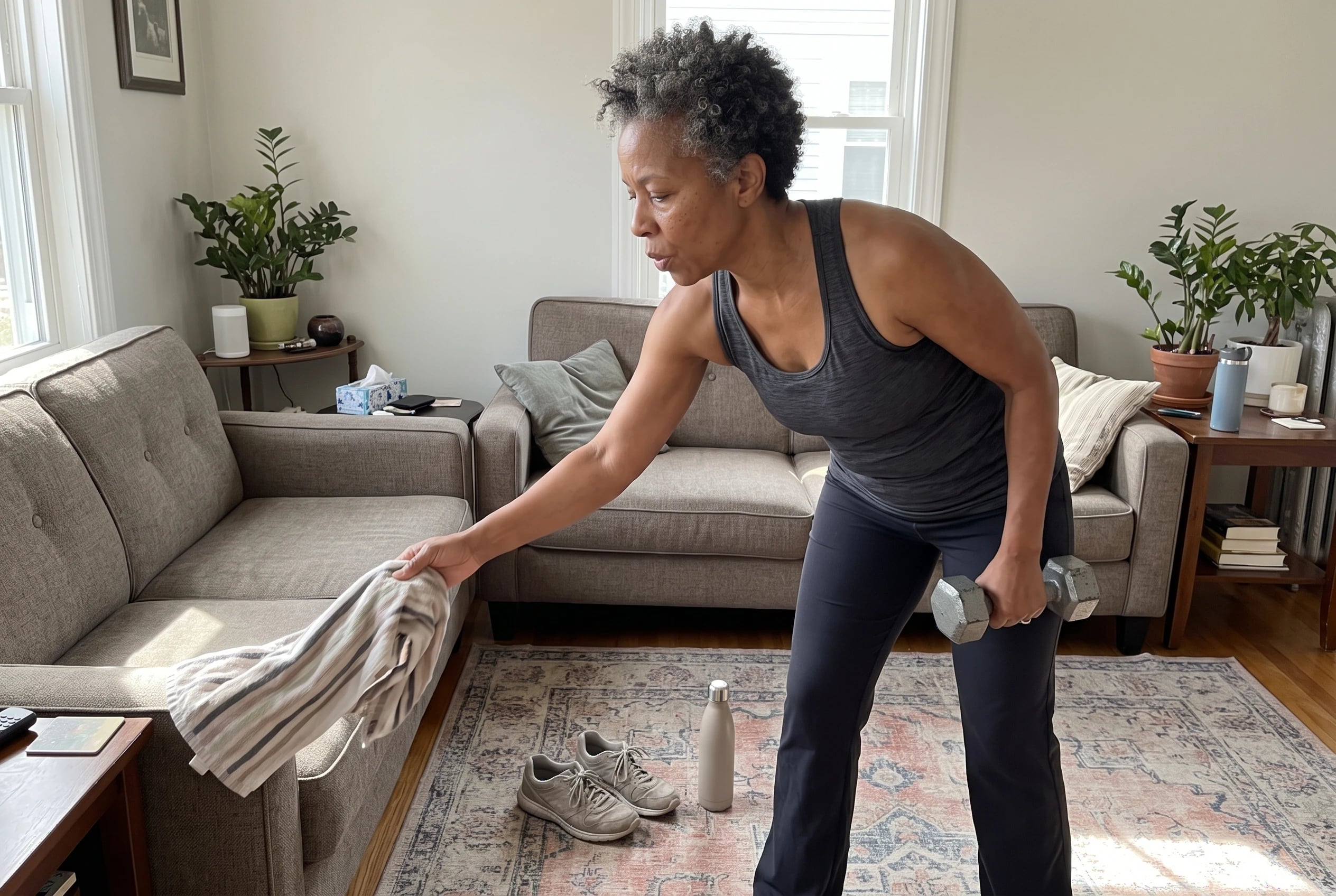 Woman finishing a controlled dumbbell curl in her living room.