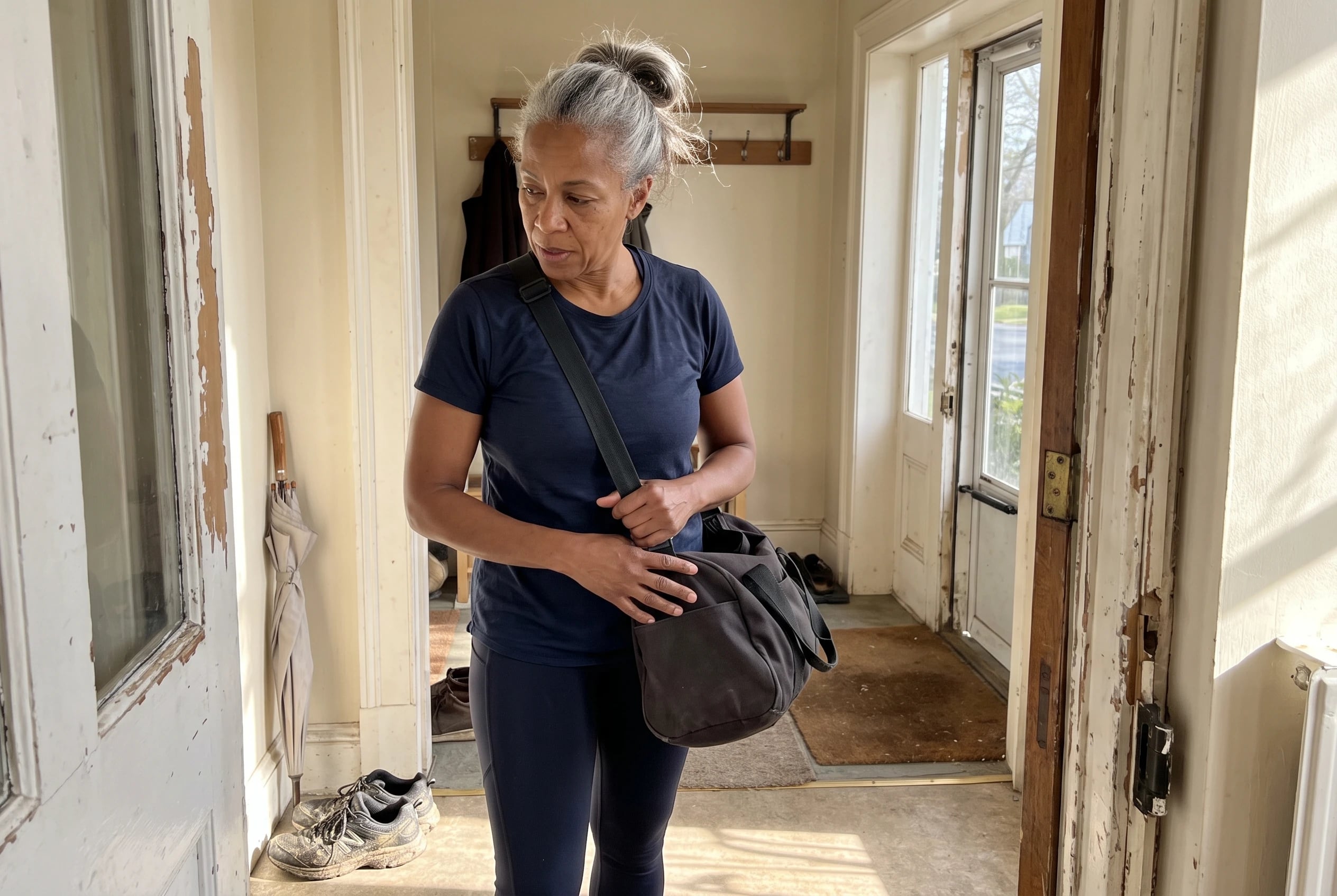 Woman hanging a gym bag beside her front door after a workout.
