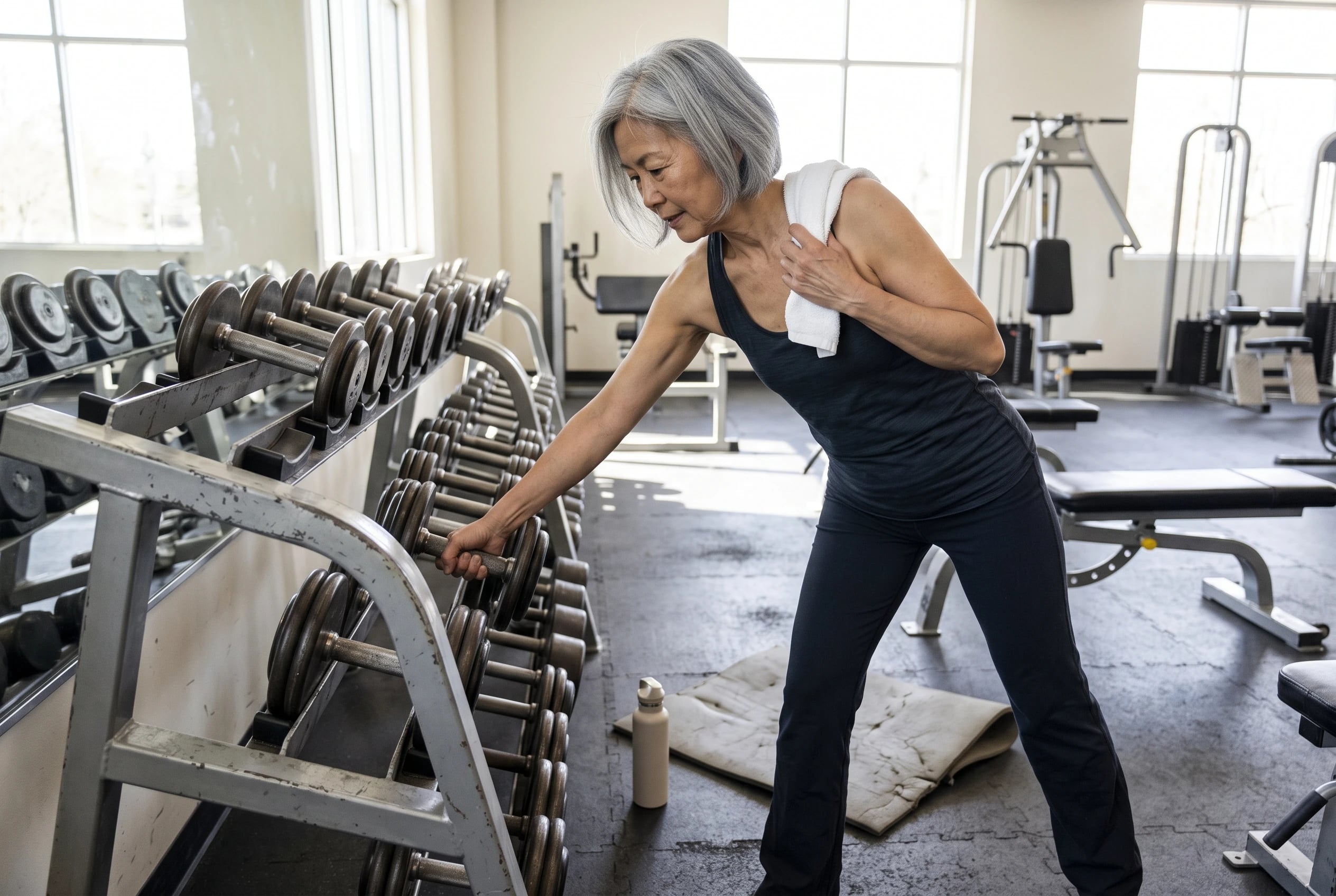 Woman lifting a dumbbell from a rack in a recreation center weight room.