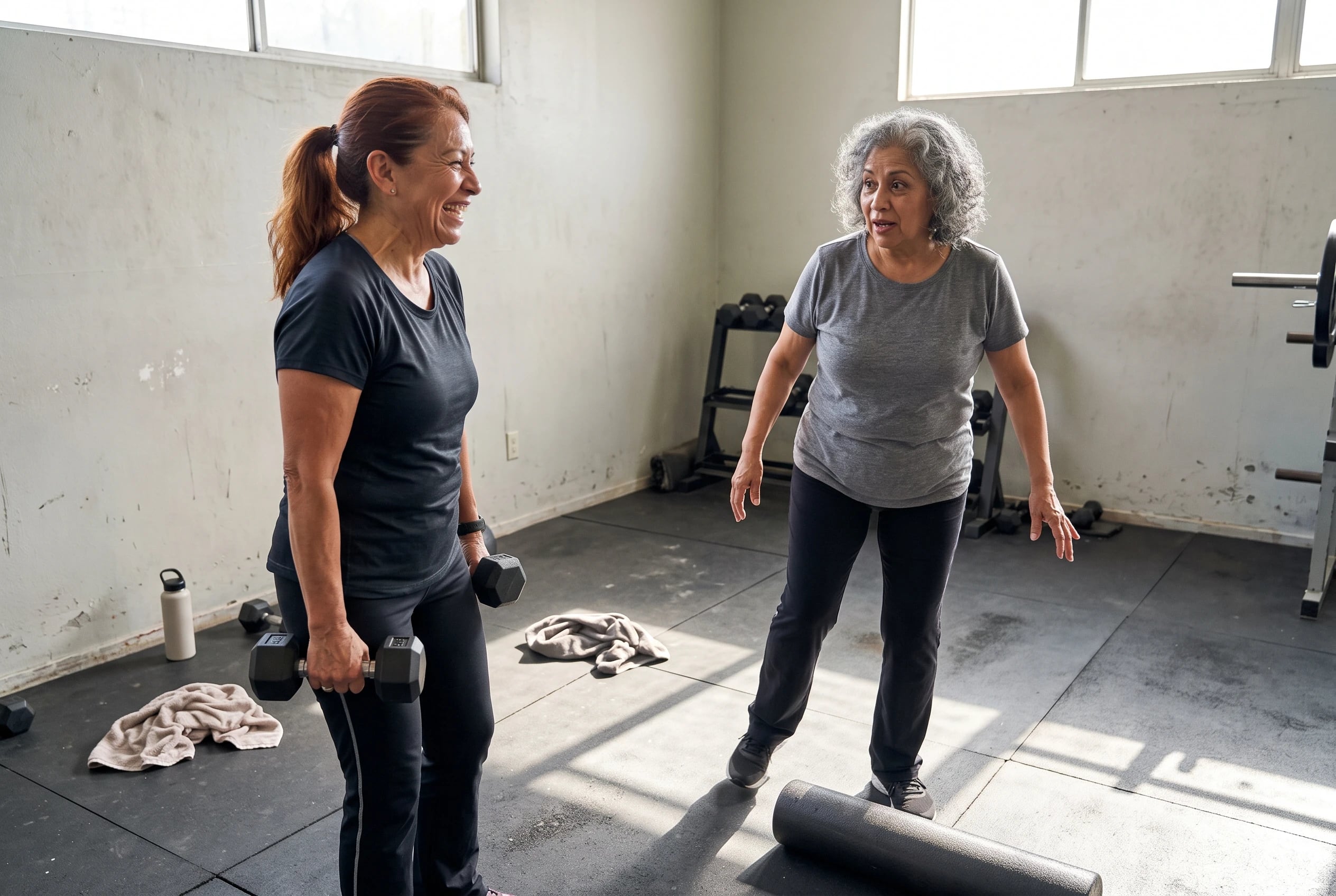 Woman in her fifties practicing a dumbbell row in a neighborhood gym.