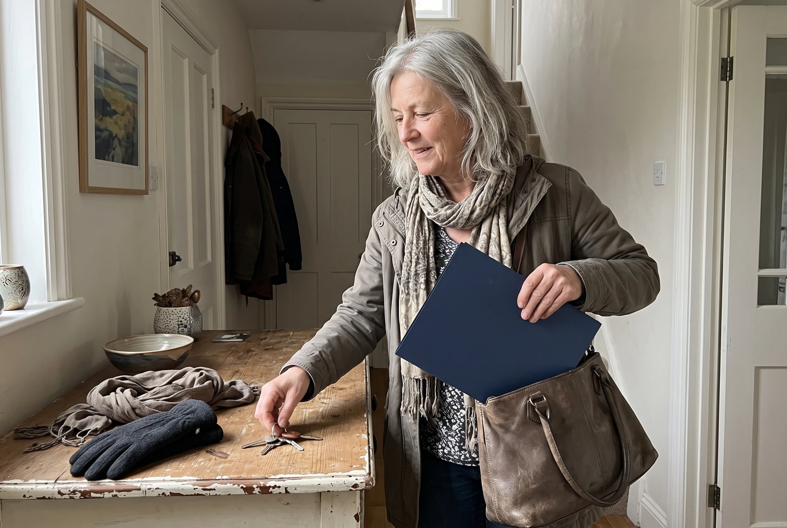 Woman showing a medication list to a clinician in an exam room.