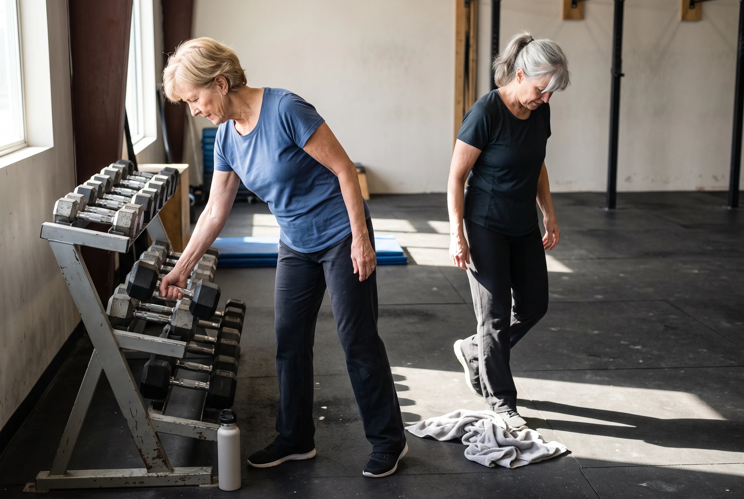 Woman selecting a heavier dumbbell from a rack in a gym.