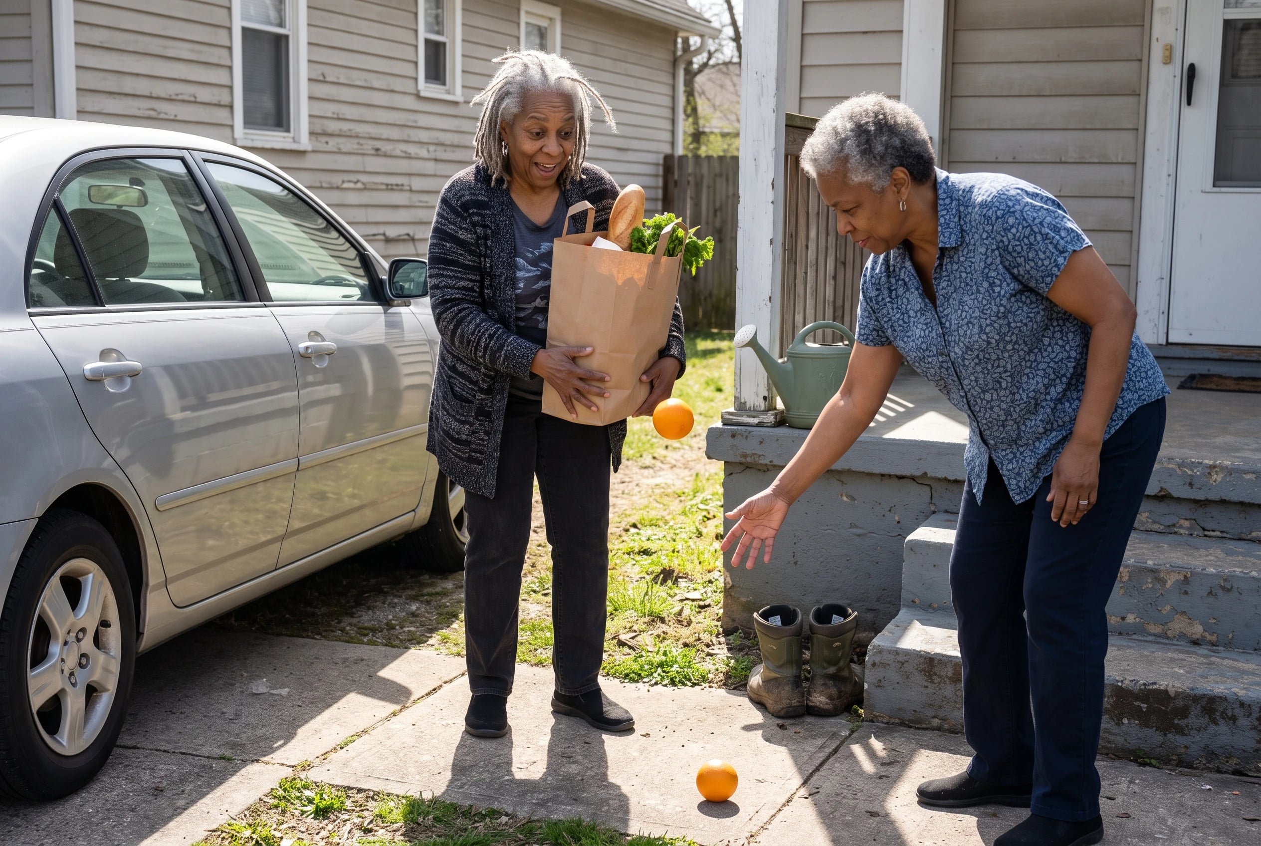 Woman carrying a grocery bag from her car to her front porch.