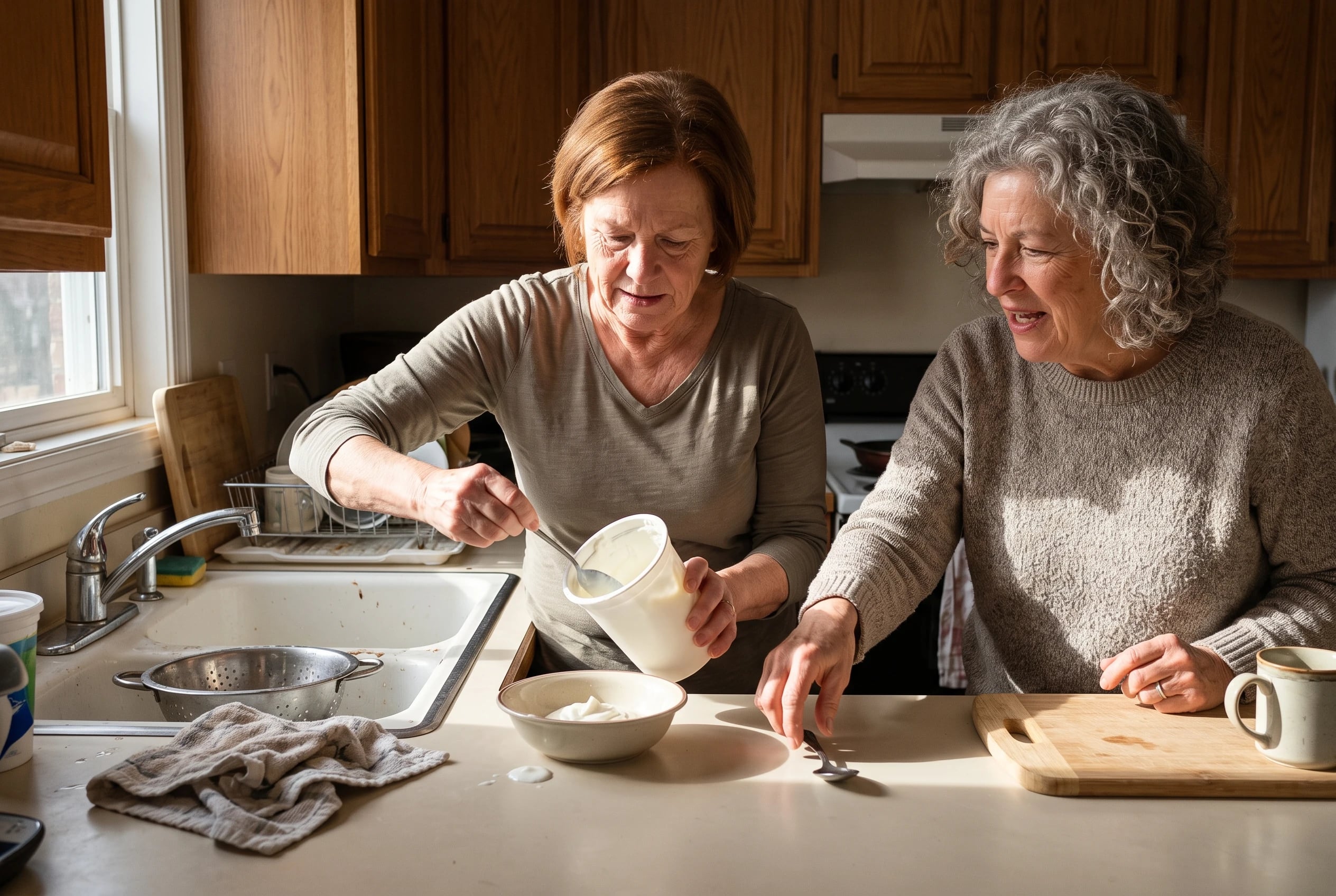 Woman adding yogurt to a bowl at a kitchen counter.