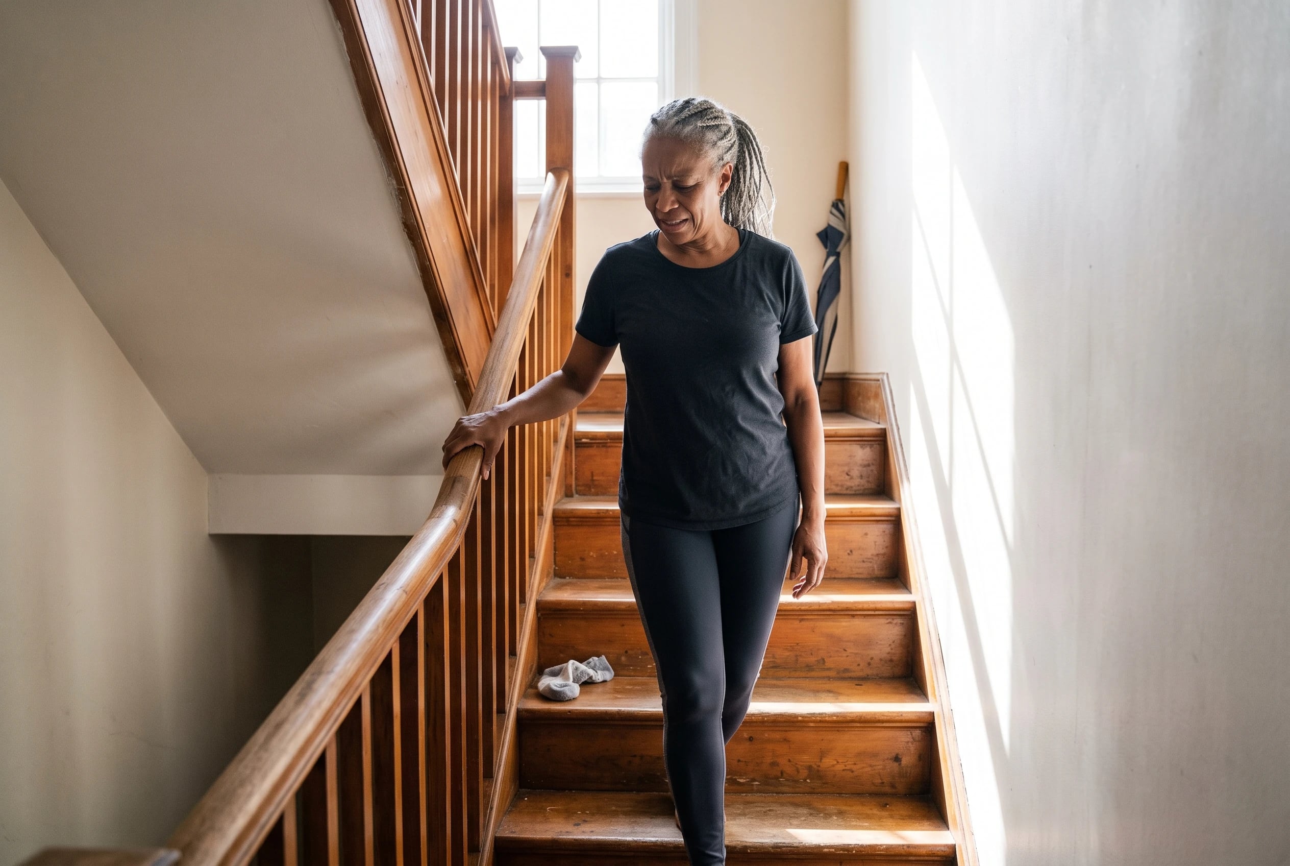 Woman easing down a staircase while holding the railing at home.