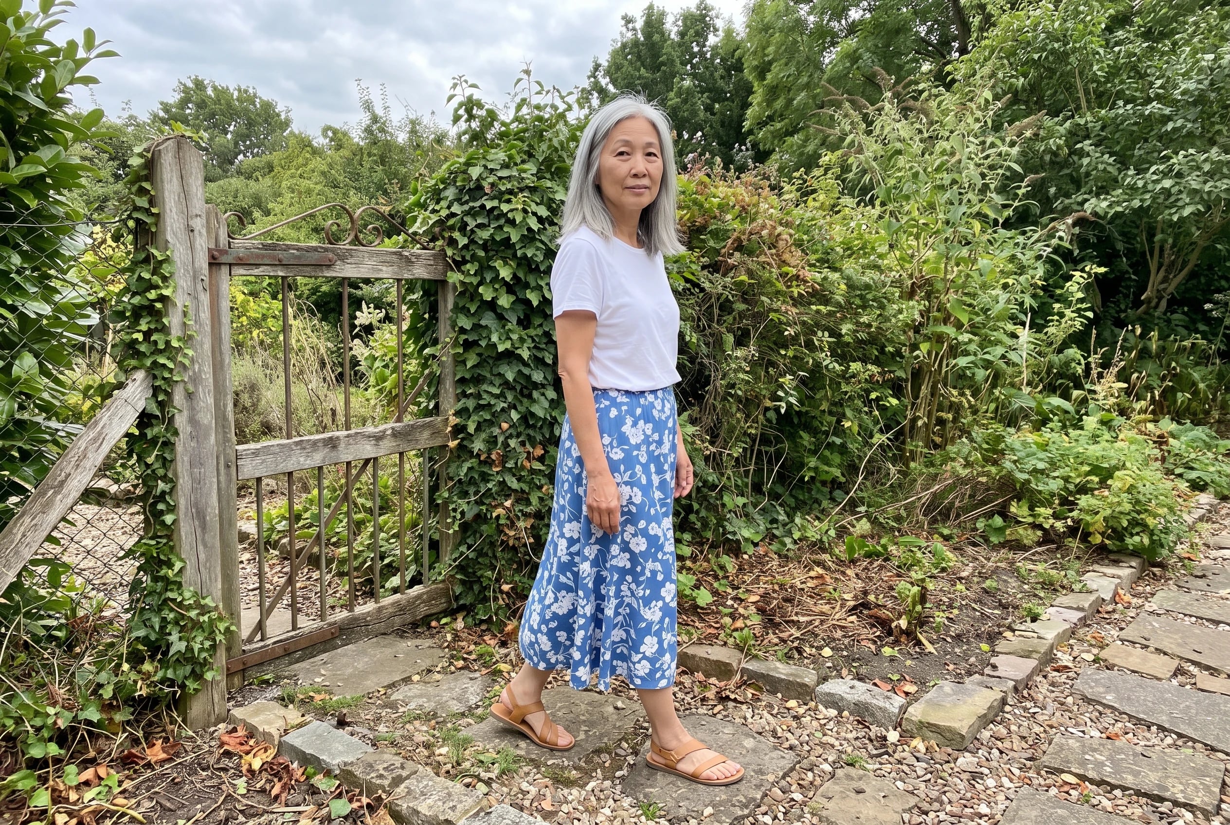 A woman in her sixties wears a white tee, blue floral skirt, and sandals beside a garden gate.
