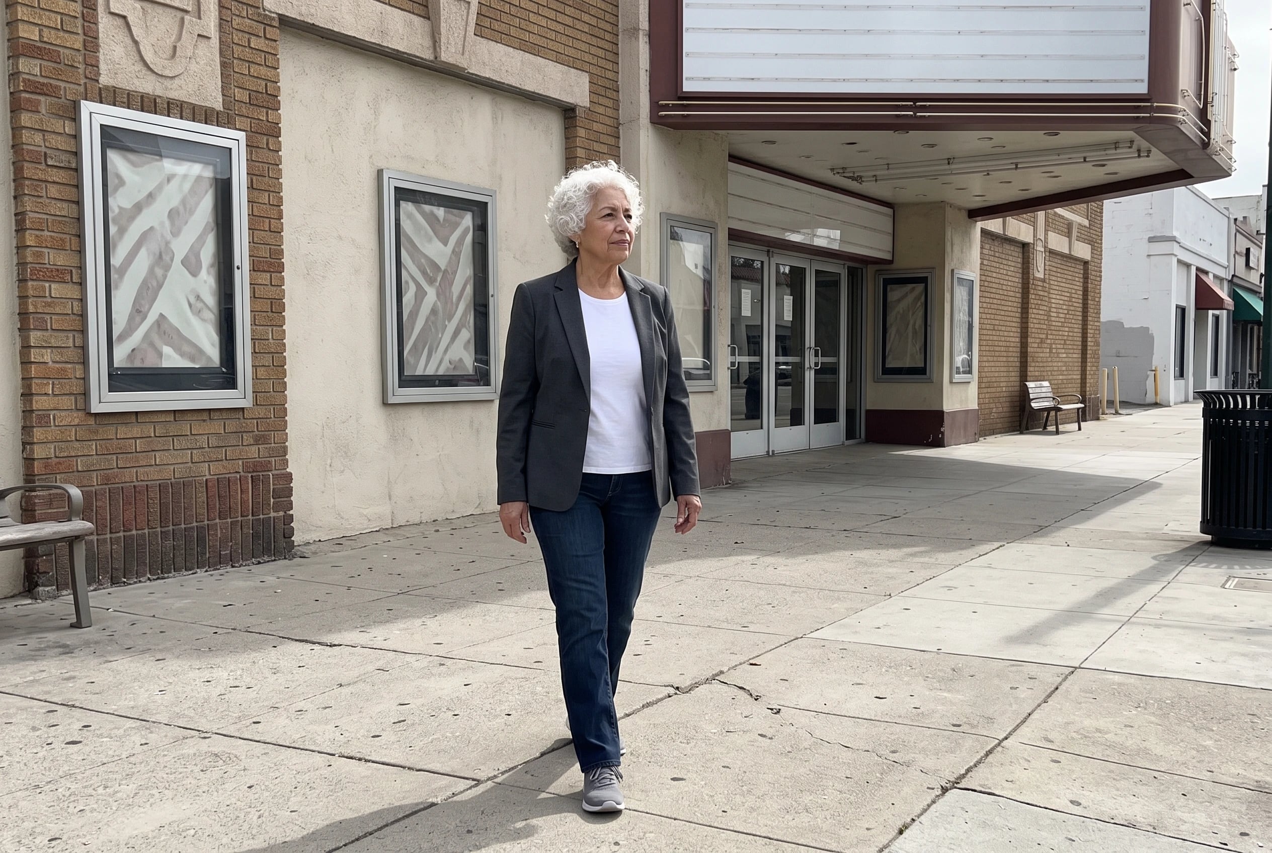 A woman in her sixties walks past a cinema in a charcoal blazer, jeans, and trainers.
