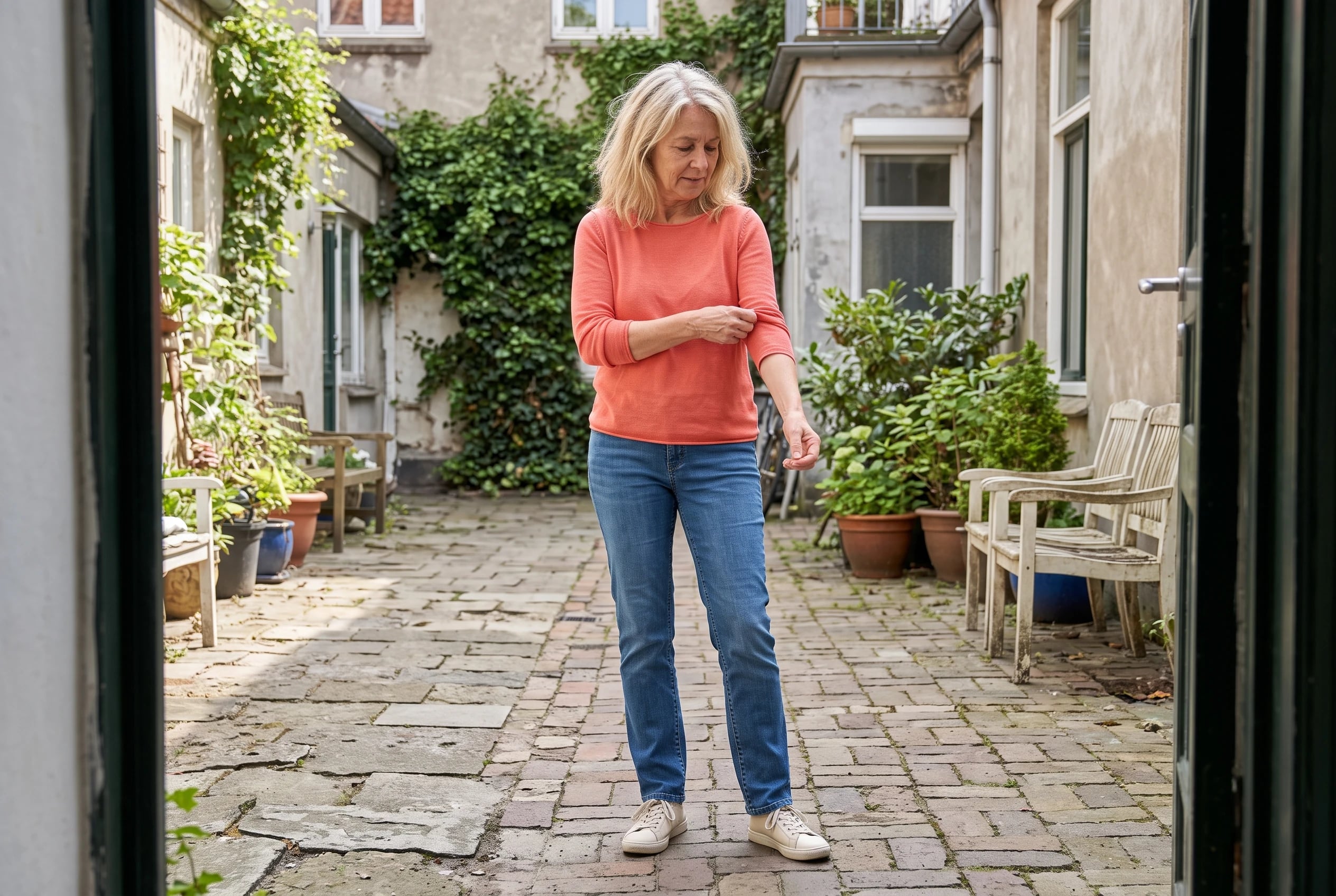 A woman in her sixties wears a coral top, blue jeans, and sneakers in a courtyard.