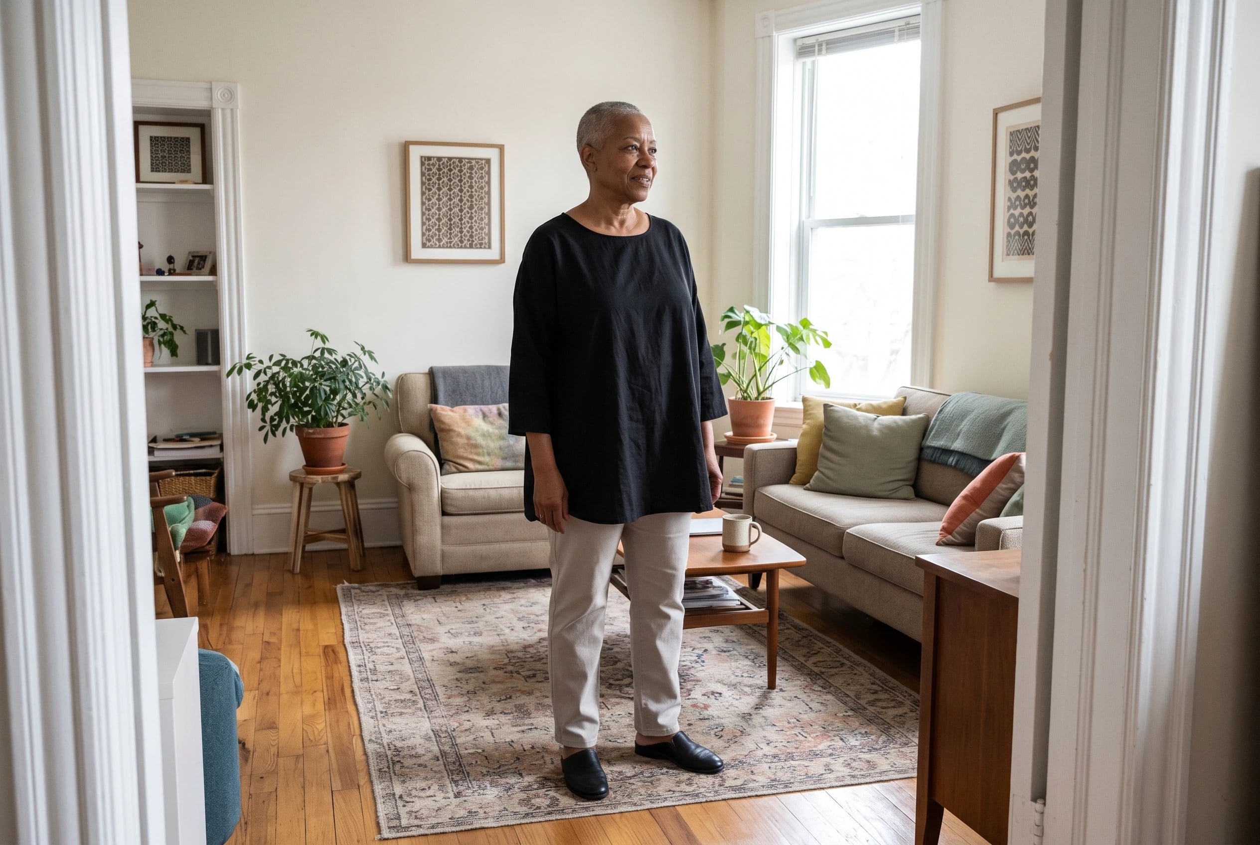 In a living room, a woman in her sixties wears a black tunic and stone pants.