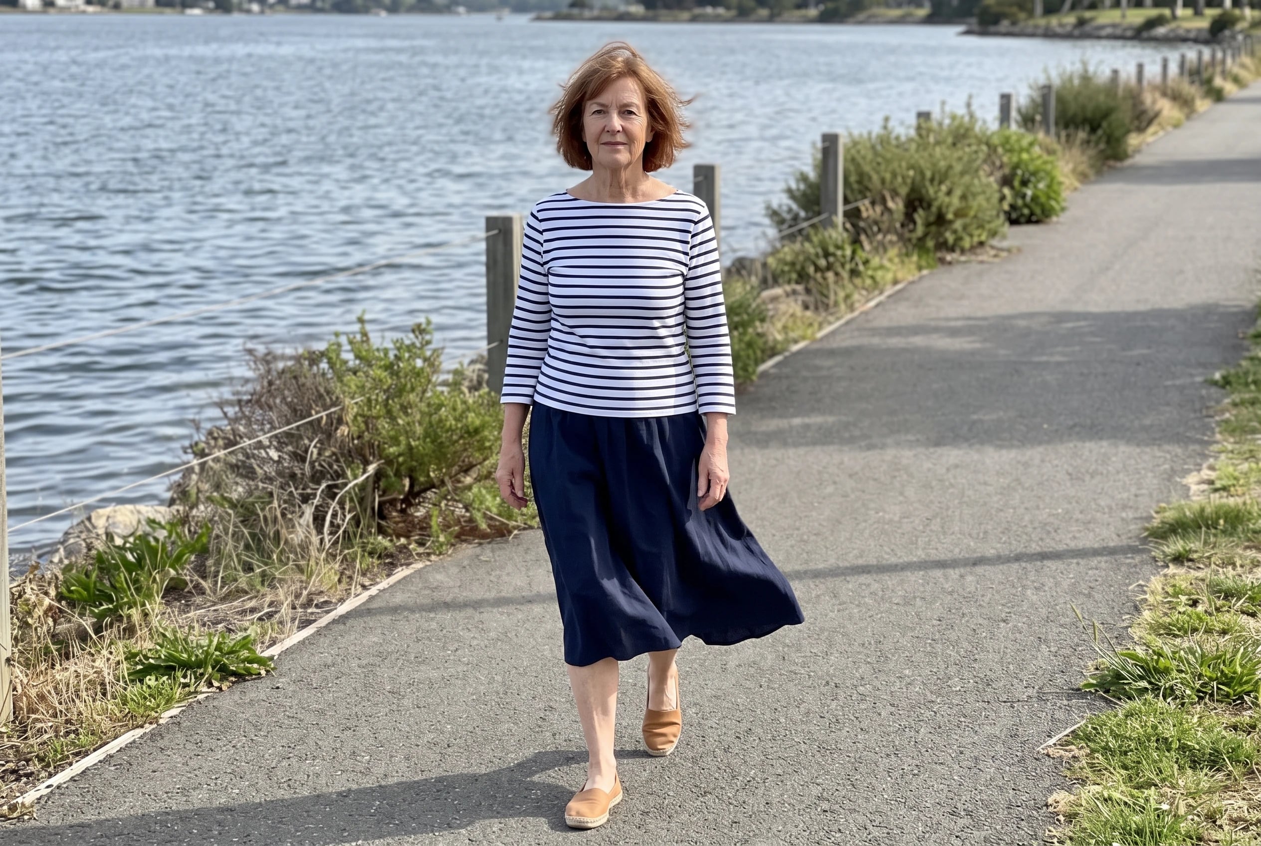 A woman in her sixties walks along a path wearing a Breton top and navy skirt.