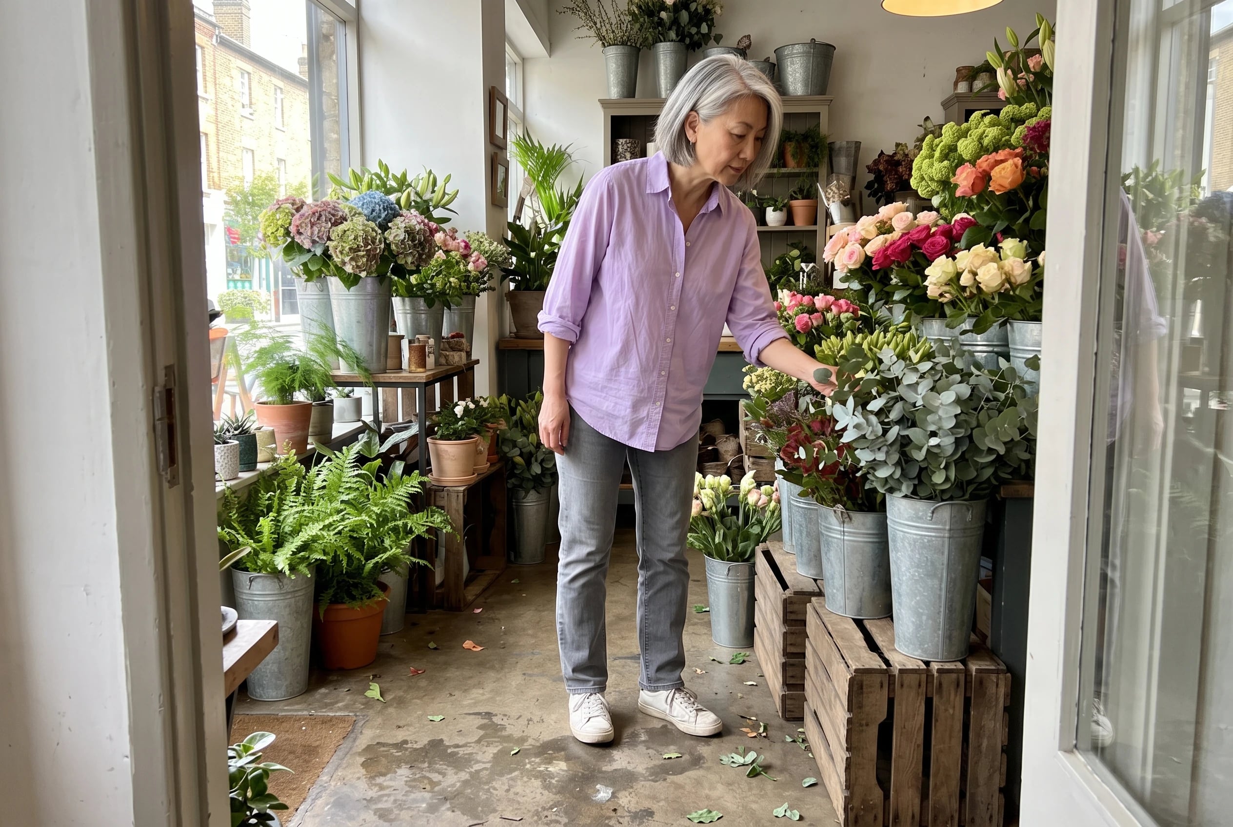 A woman in her sixties wears a lavender shirt, gray jeans, and trainers in a flower shop.