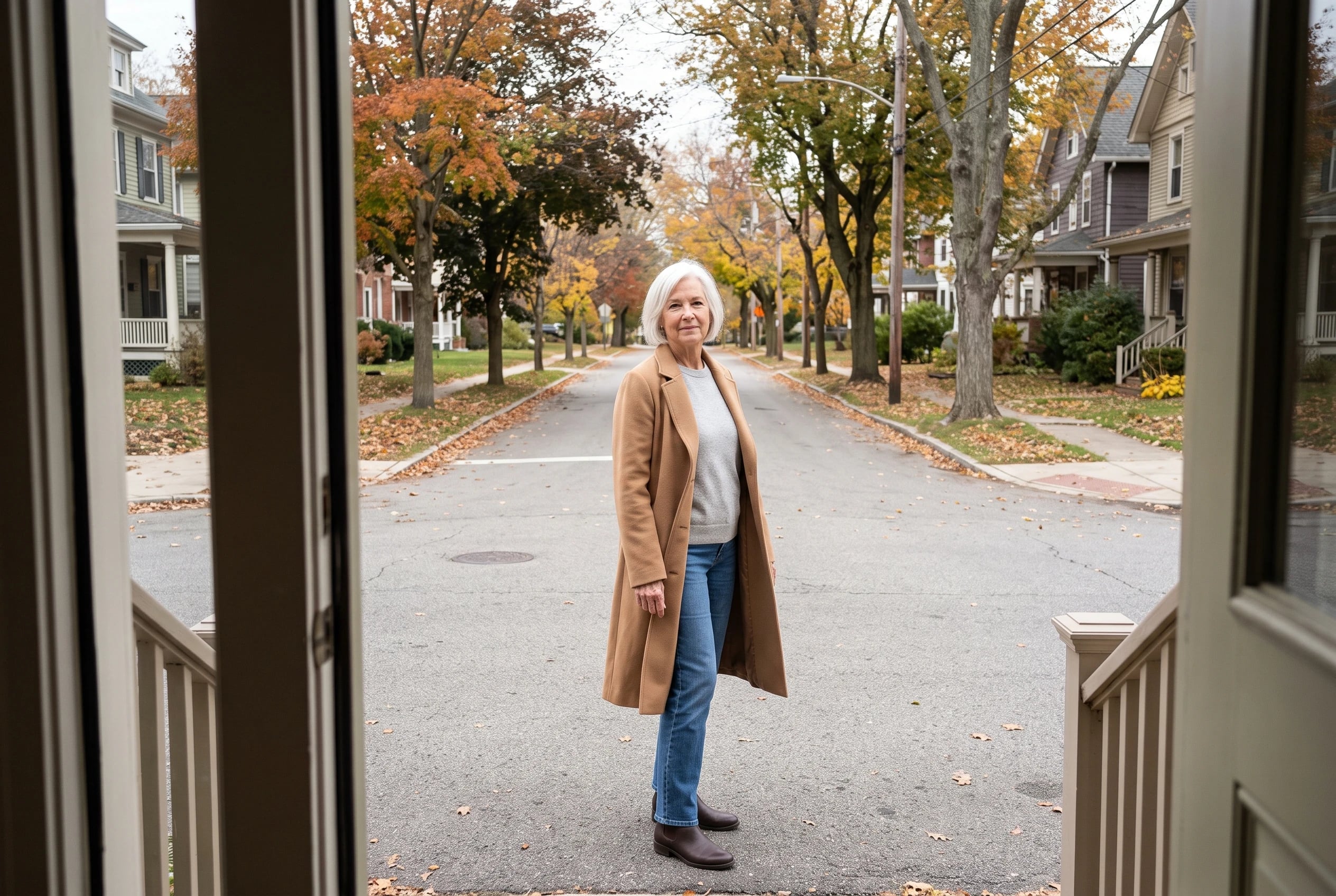 A woman in her sixties wearing a camel coat, gray sweater, jeans, and boots stands outside.