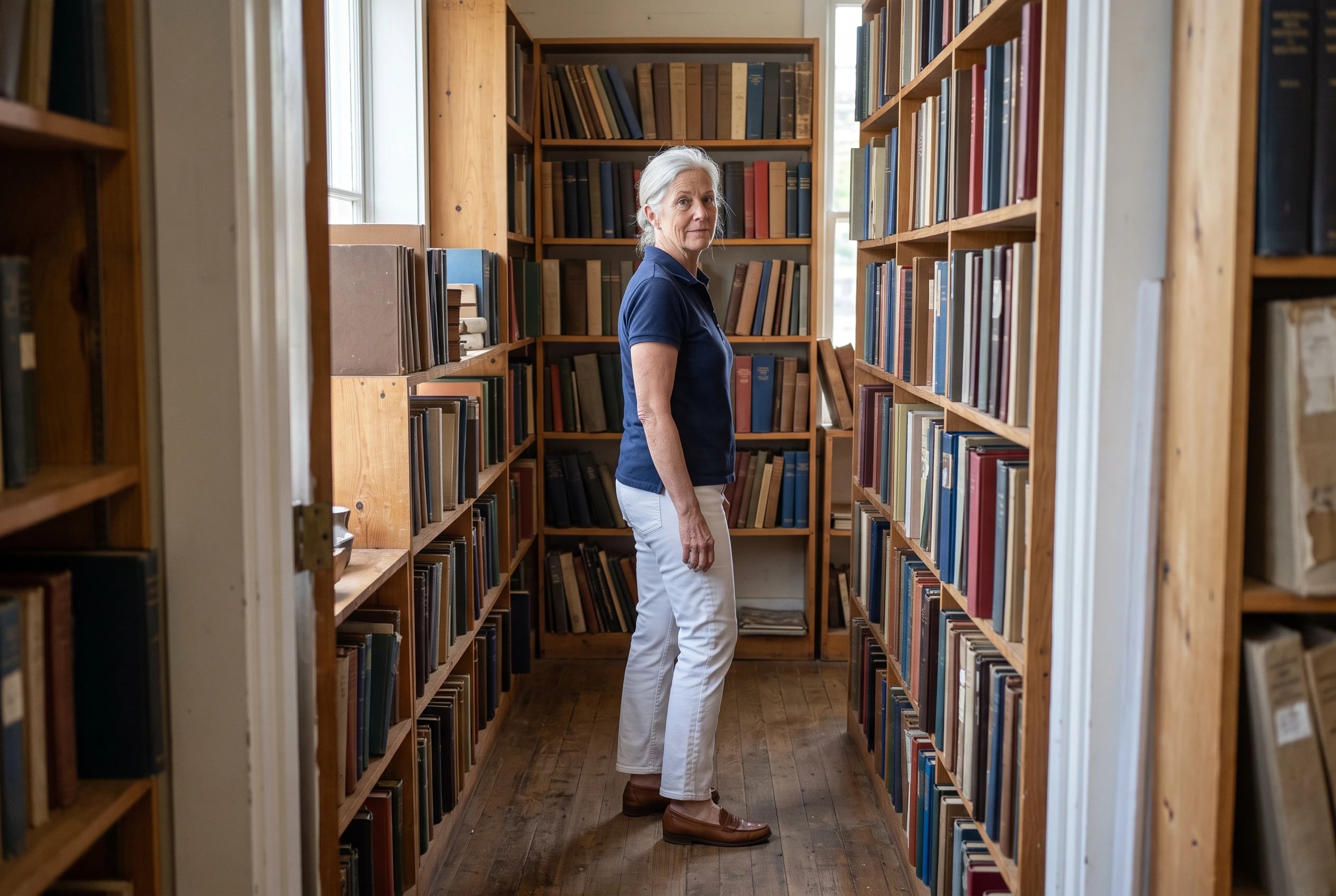 A woman in her sixties wears a navy polo, white jeans, and brown loafers between bookshelves.
