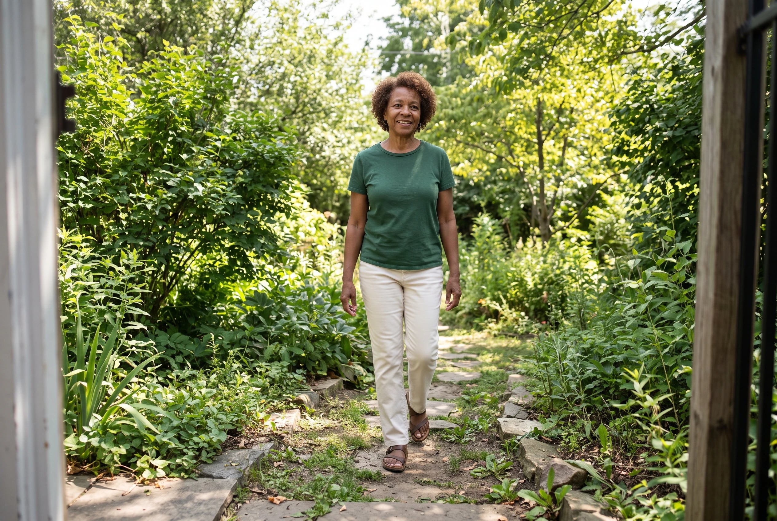 A woman in her sixties wears a green tee, cream pants, and sandals in a garden.