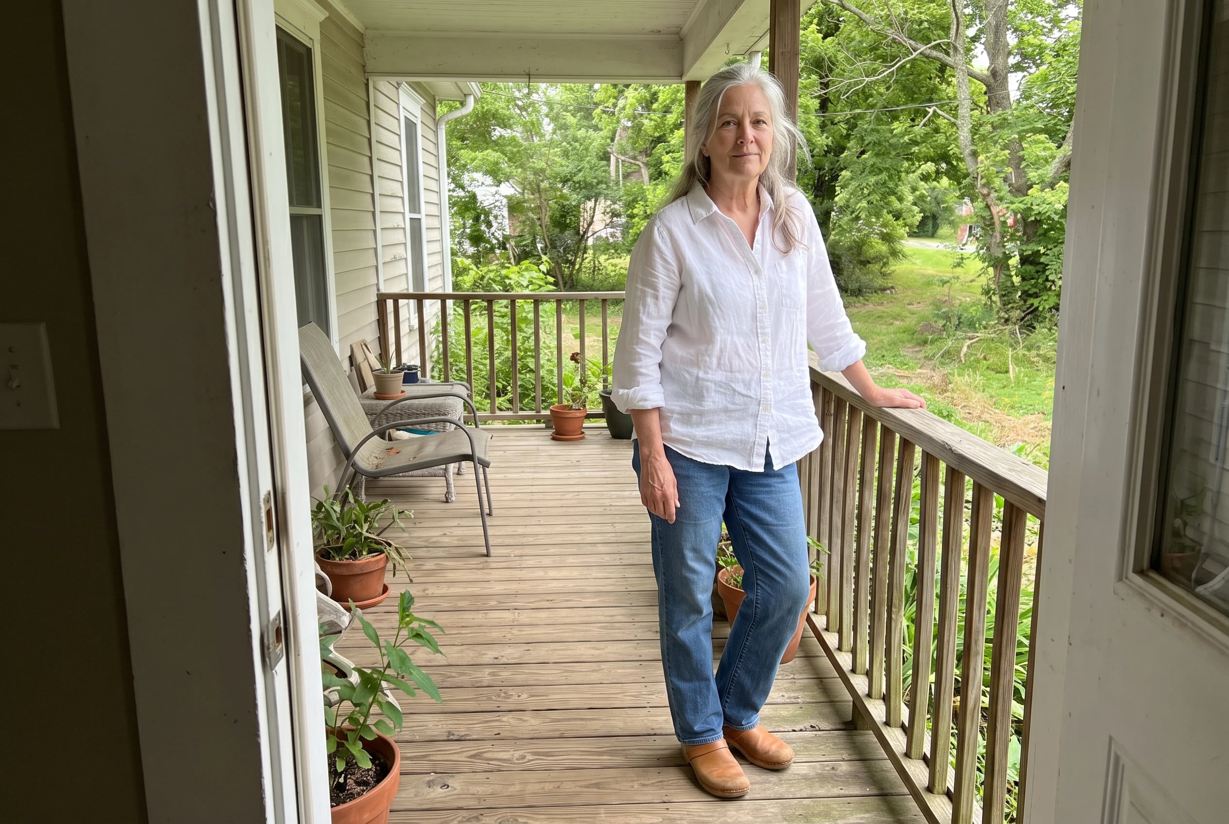 A woman in her sixties wearing a white shirt and blue jeans stands on a wooden porch.