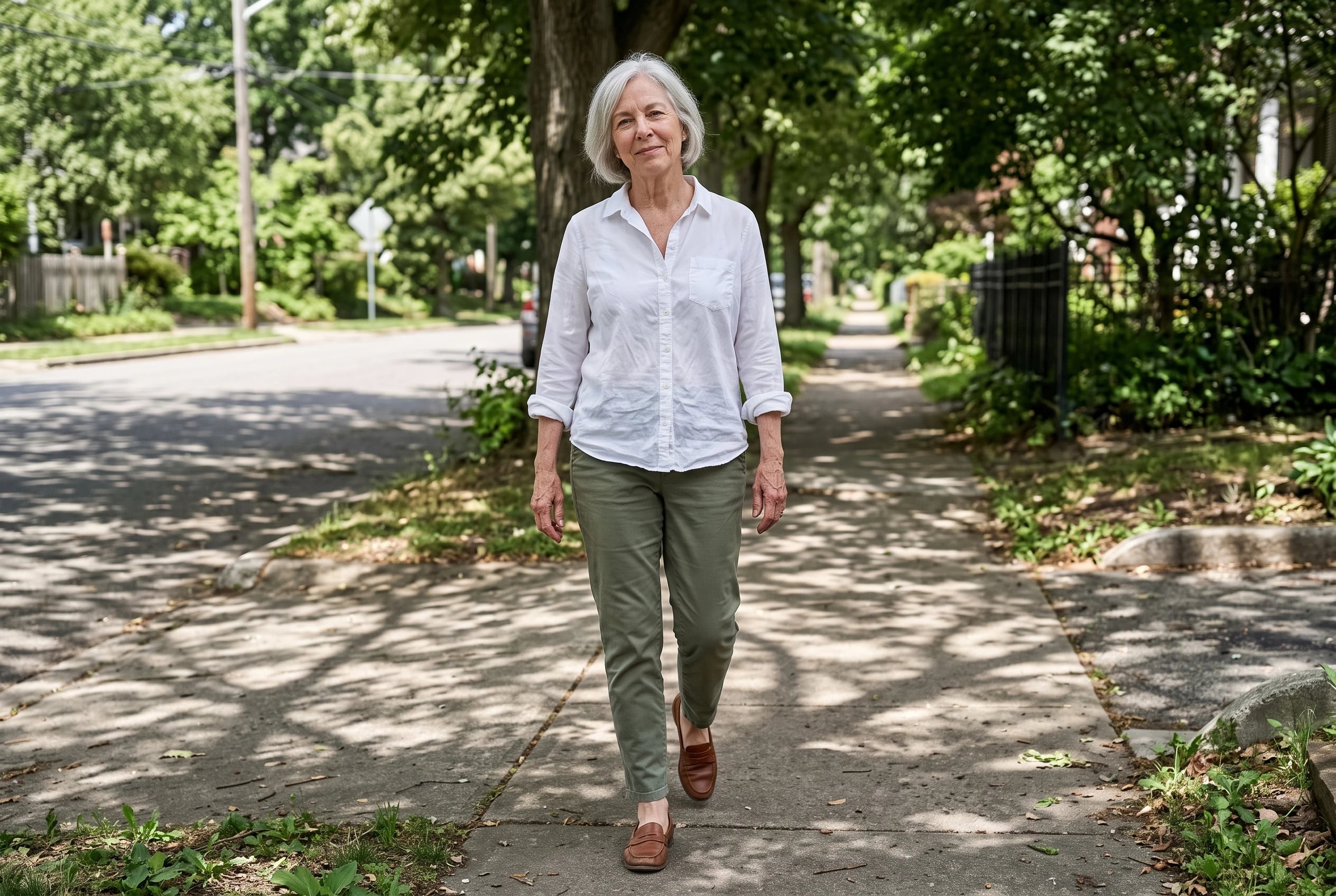 A woman in her sixties walks on a sidewalk wearing a white blouse and olive pants.