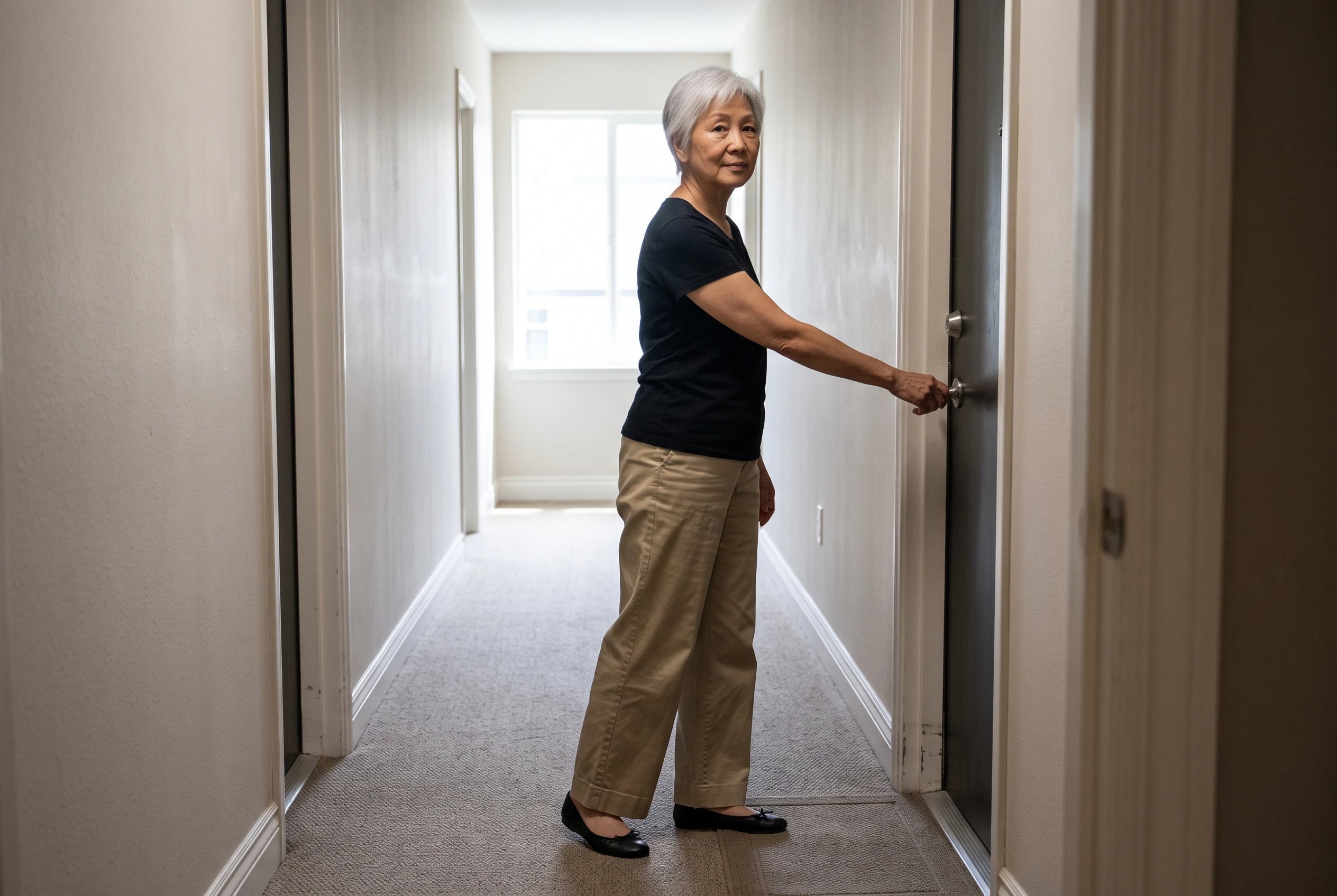 A woman in her sixties wearing a black tee, khaki pants, and flats opens a door.