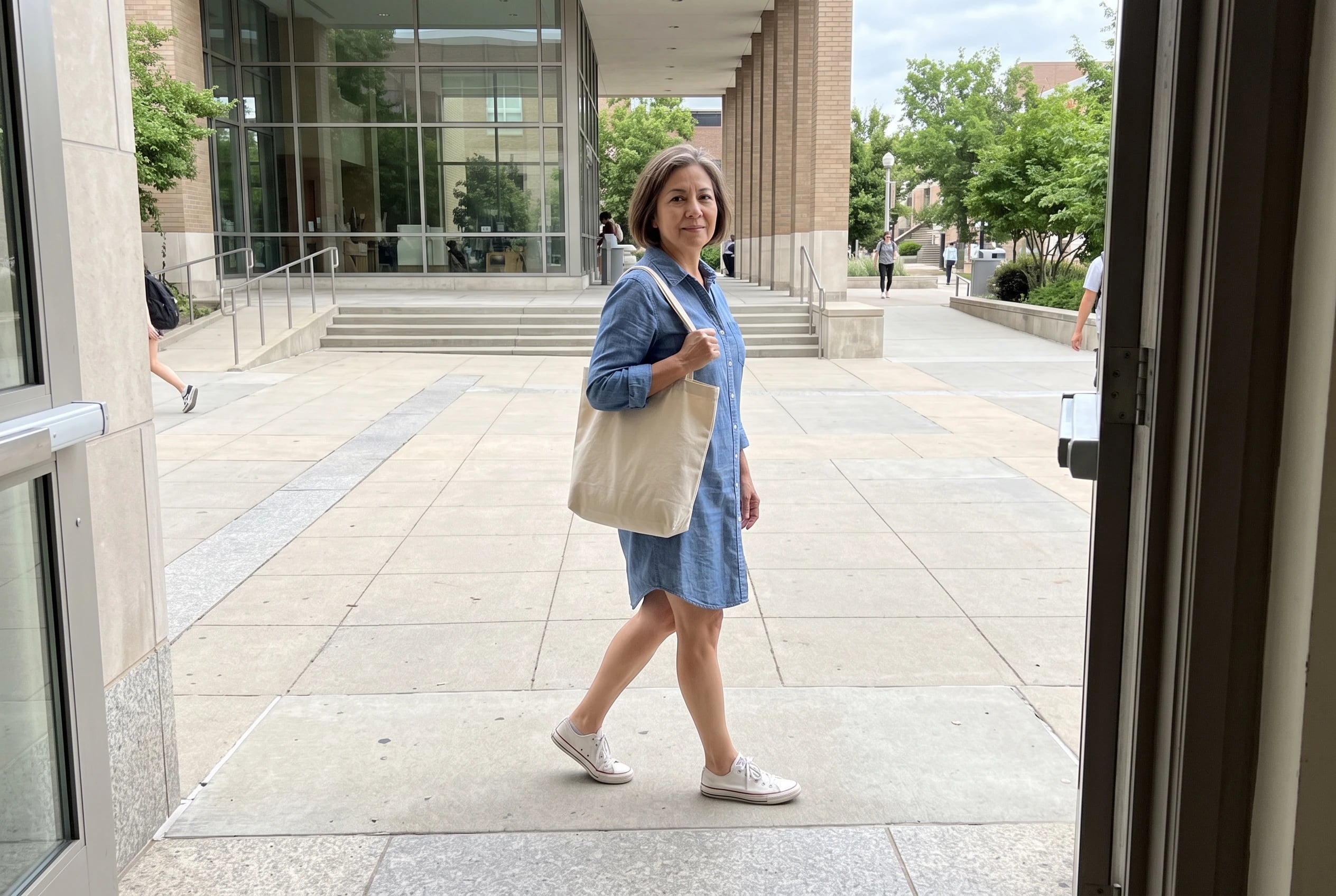 A woman in her sixties wearing a blue chambray dress and canvas sneakers carries a tote.