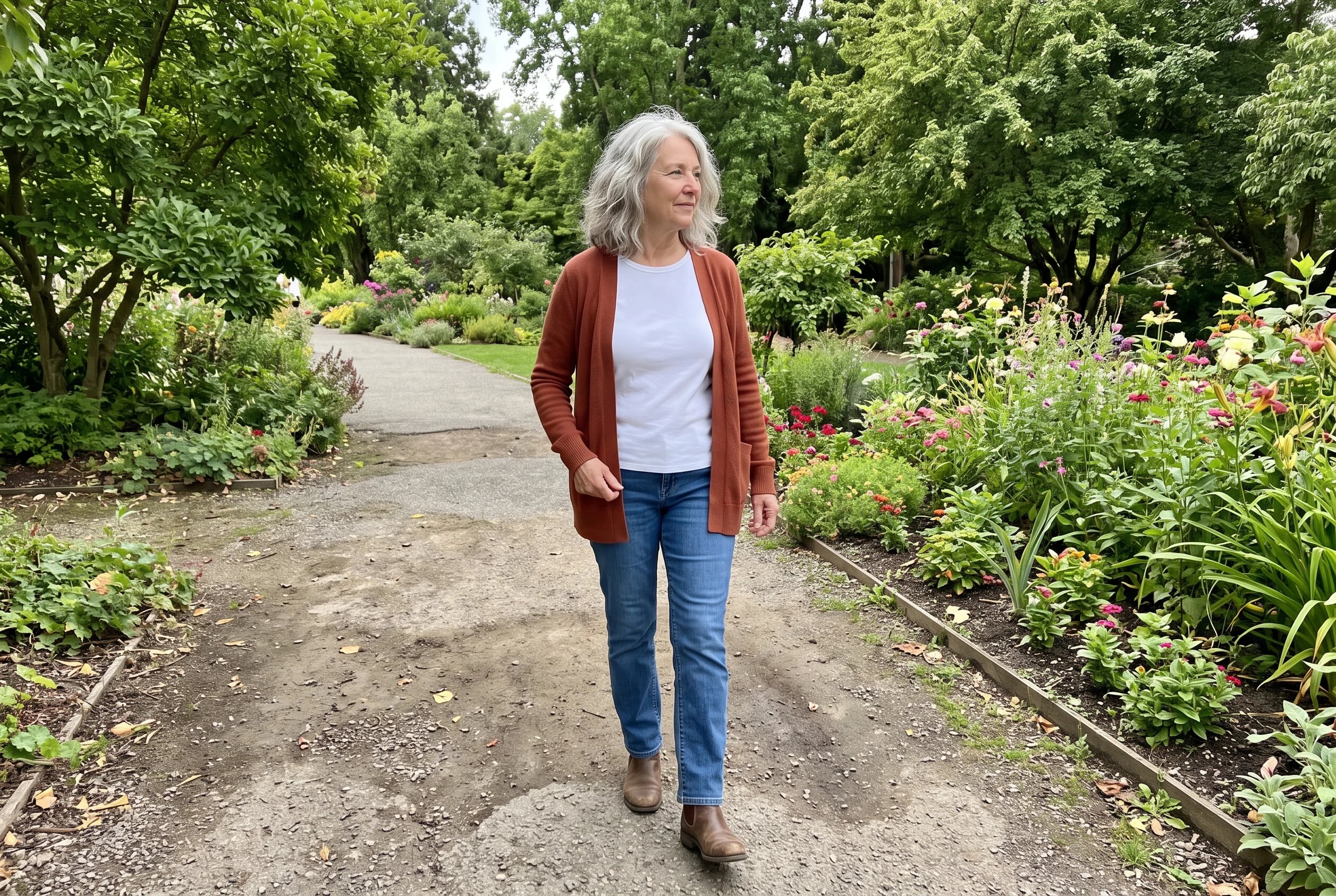 A woman in her sixties wearing a rust cardigan, blue jeans, and brown boots walks outside.