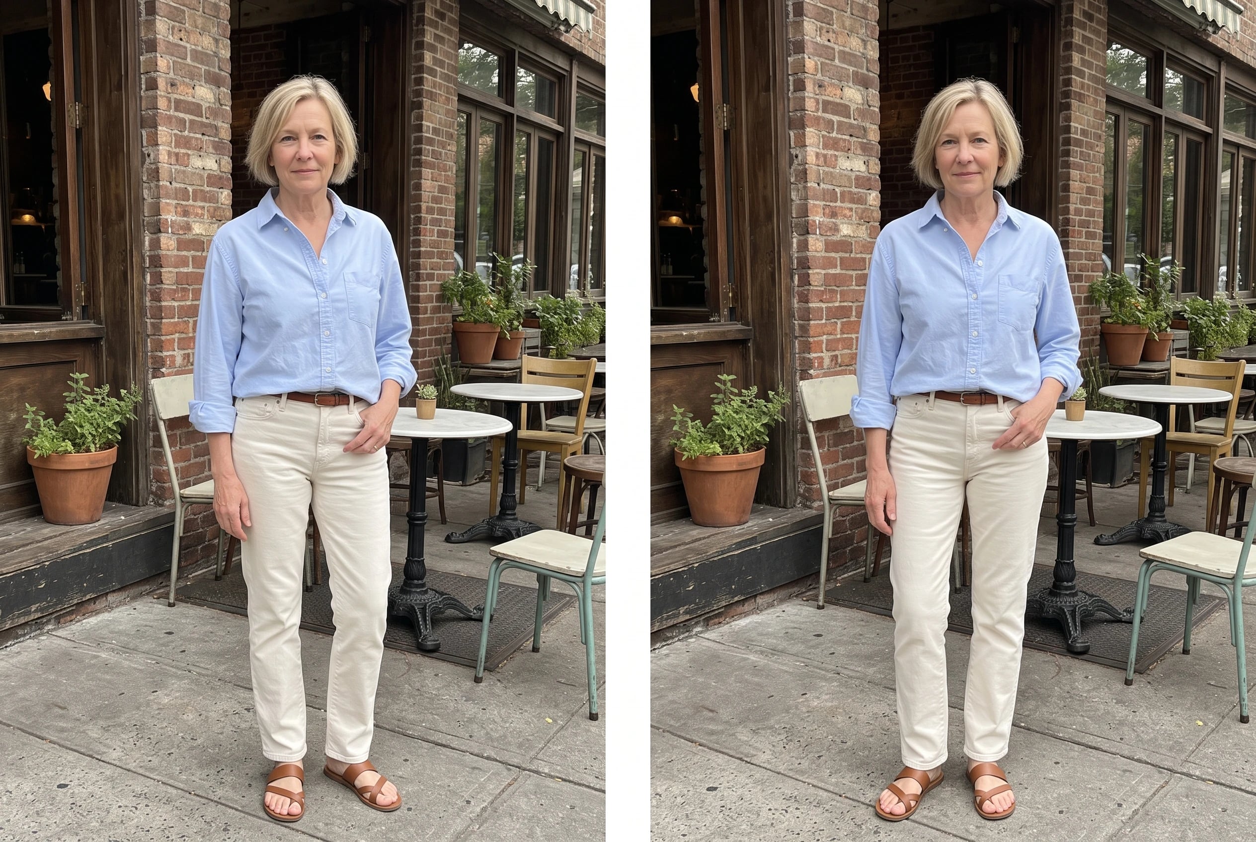 A woman in her sixties wears a blue Oxford shirt and ecru jeans outside a cafe.