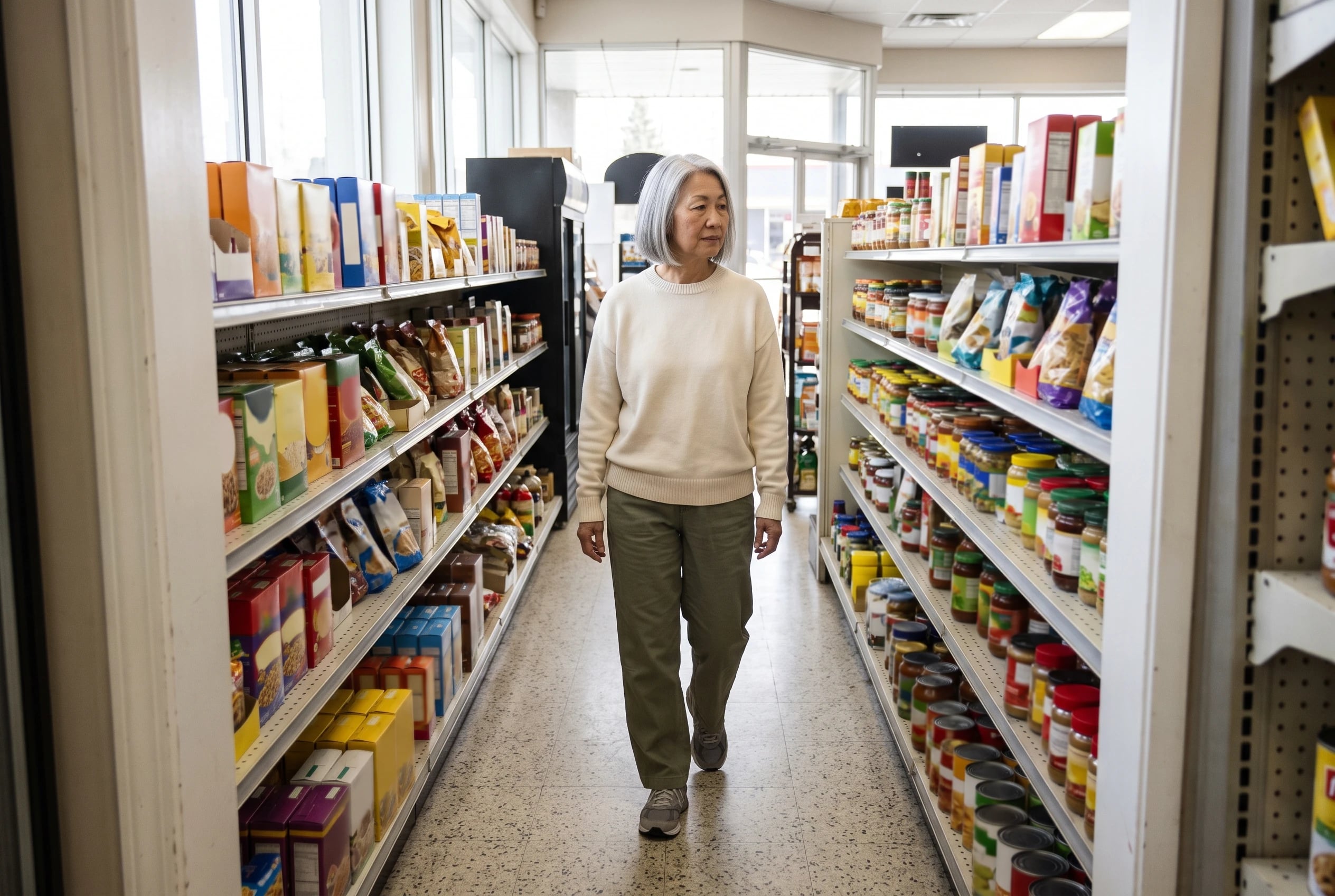 A woman in her sixties wears a cream sweater and olive pants in a grocery aisle.