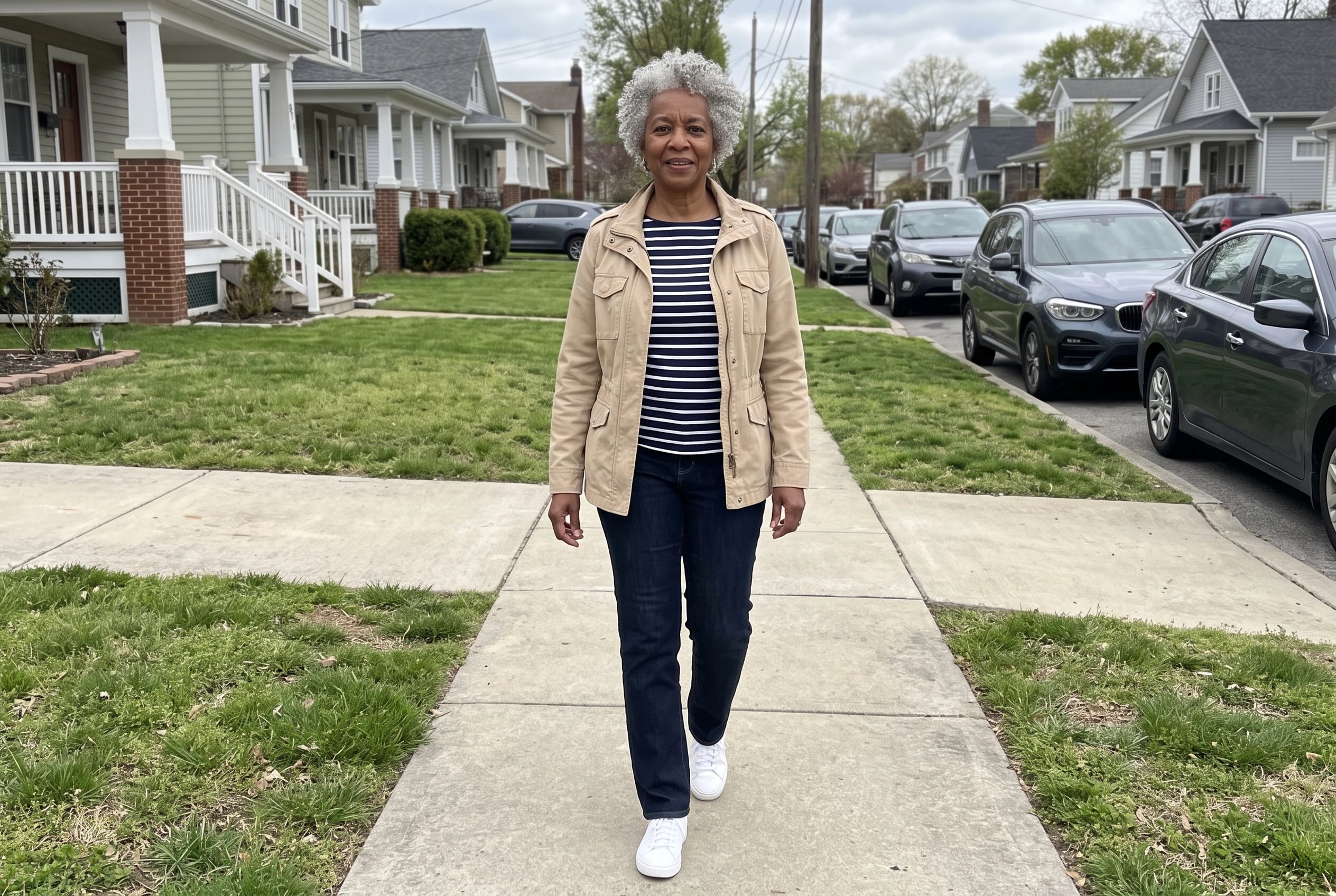A woman in her sixties walks on a sidewalk wearing a striped shirt and dark jeans.
