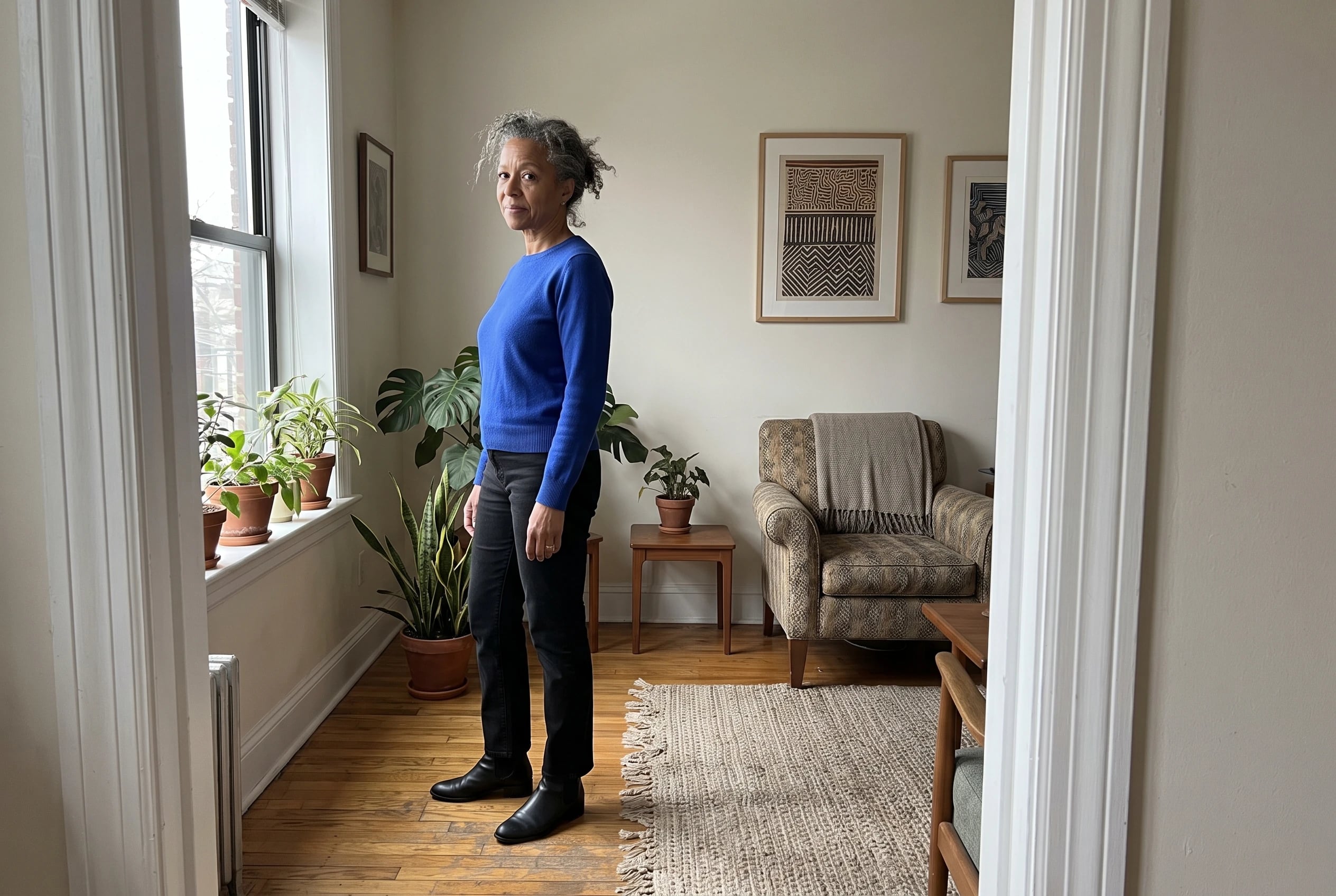 A woman in her sixties wears a blue sweater, black jeans, and ankle boots by a window.