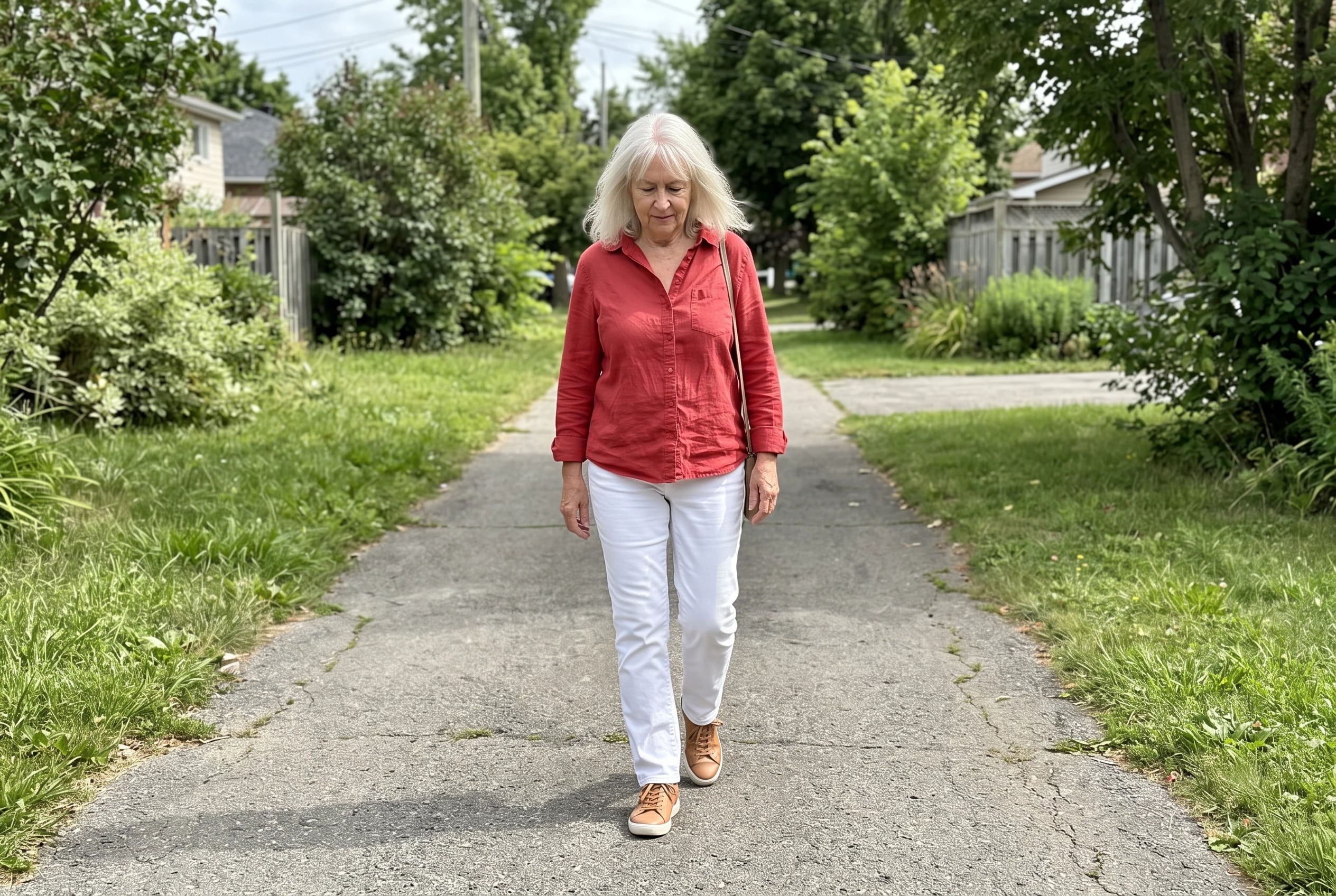 A woman in her sixties walks outdoors in a red shirt, white jeans, and tan sneakers.