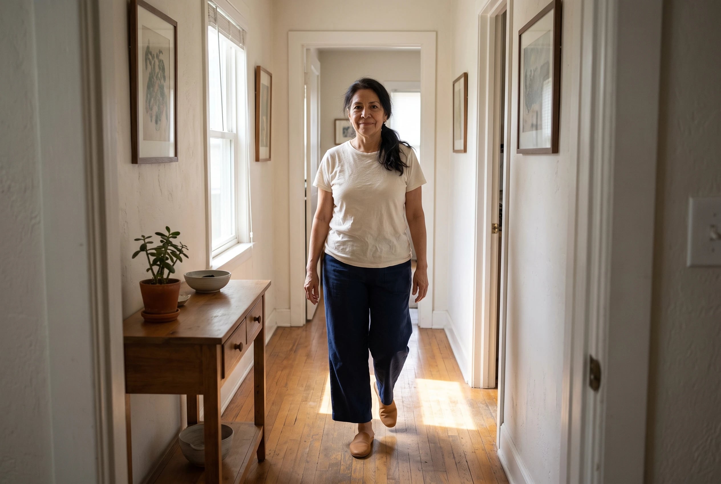 A woman in her sixties wearing a cream tee and navy pants walks down a hallway.