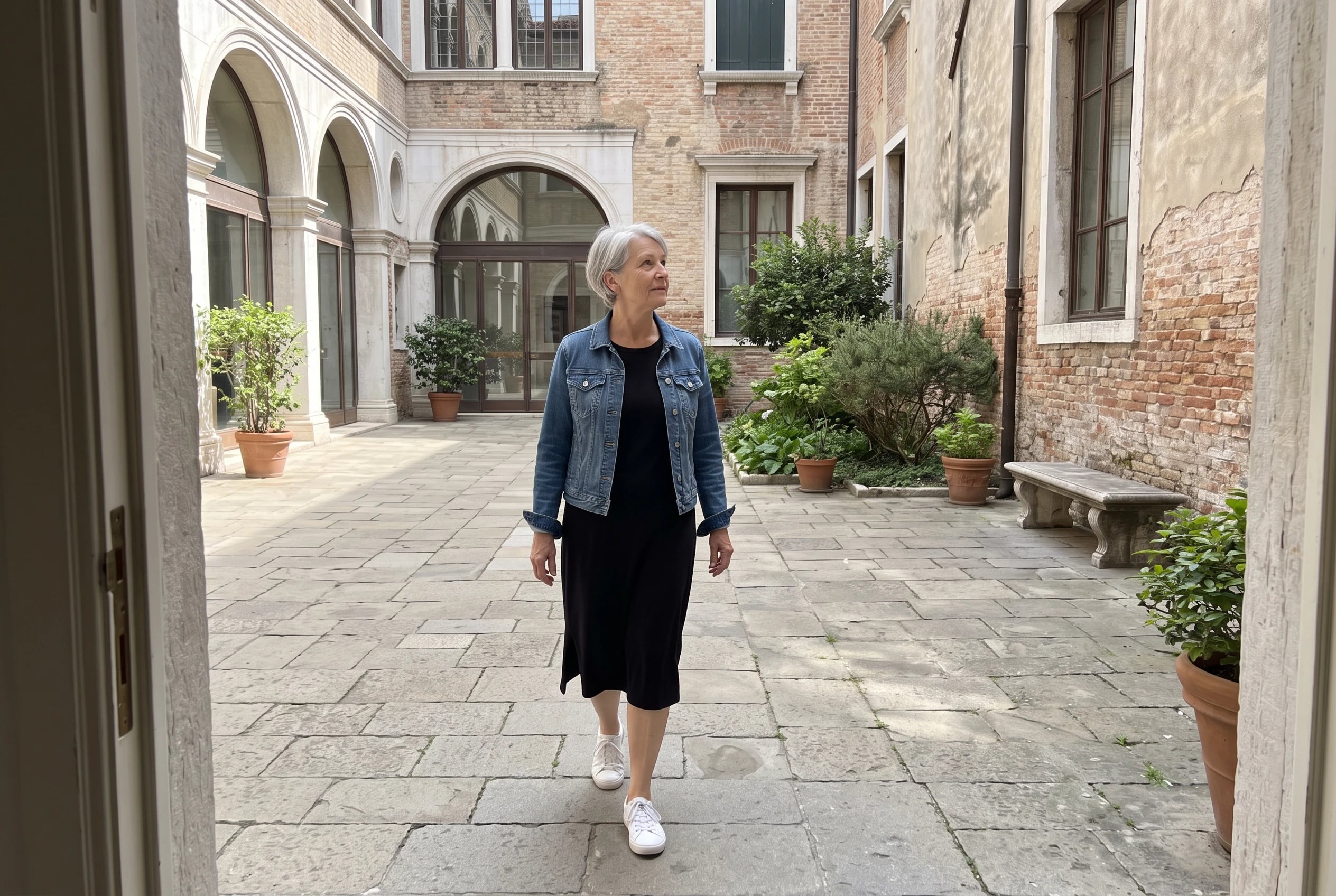 A woman in her sixties wearing a black dress and denim jacket walks in a courtyard.