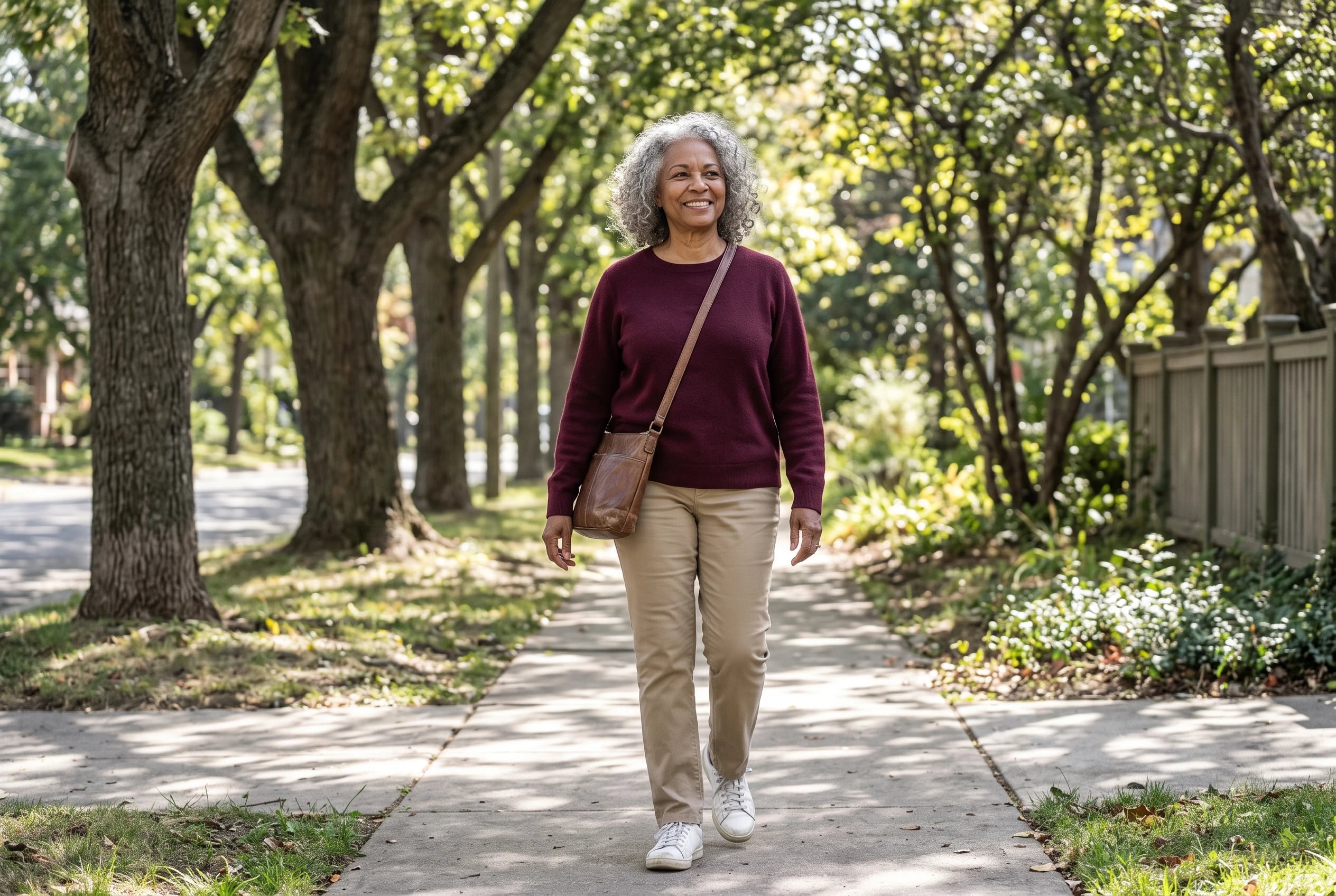 A woman over 60 walks on a sidewalk wearing a burgundy sweater, khaki pants, and sneakers.