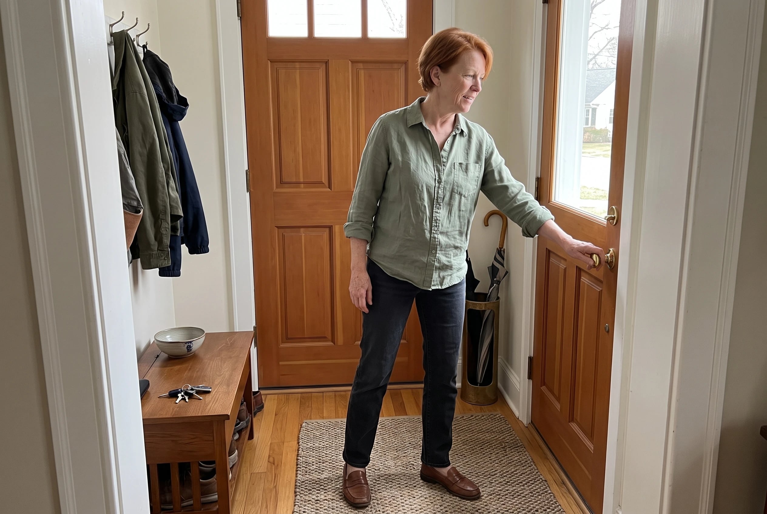 A woman in her sixties opens a door wearing a sage shirt, dark jeans, and loafers.