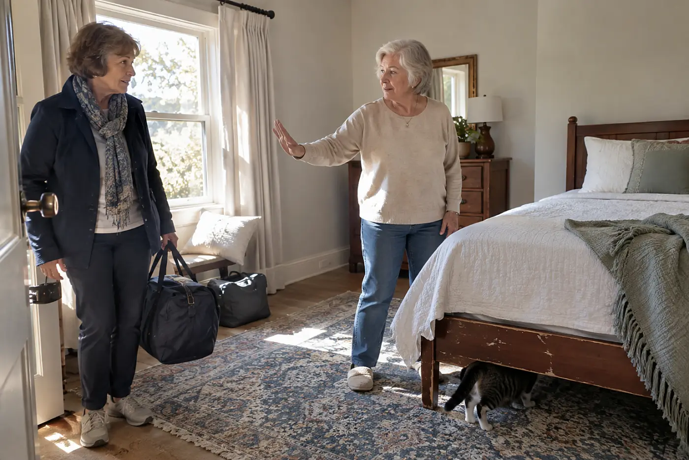 Older woman asking a visitor to give her cat space in a guest bedroom.