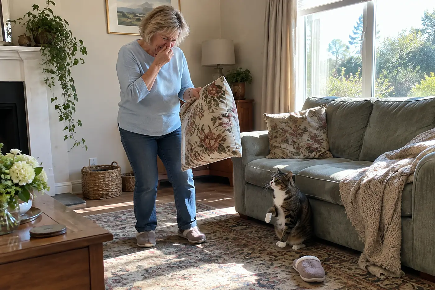 Older woman lifting a scented cushion while her cat watches from the living room floor.