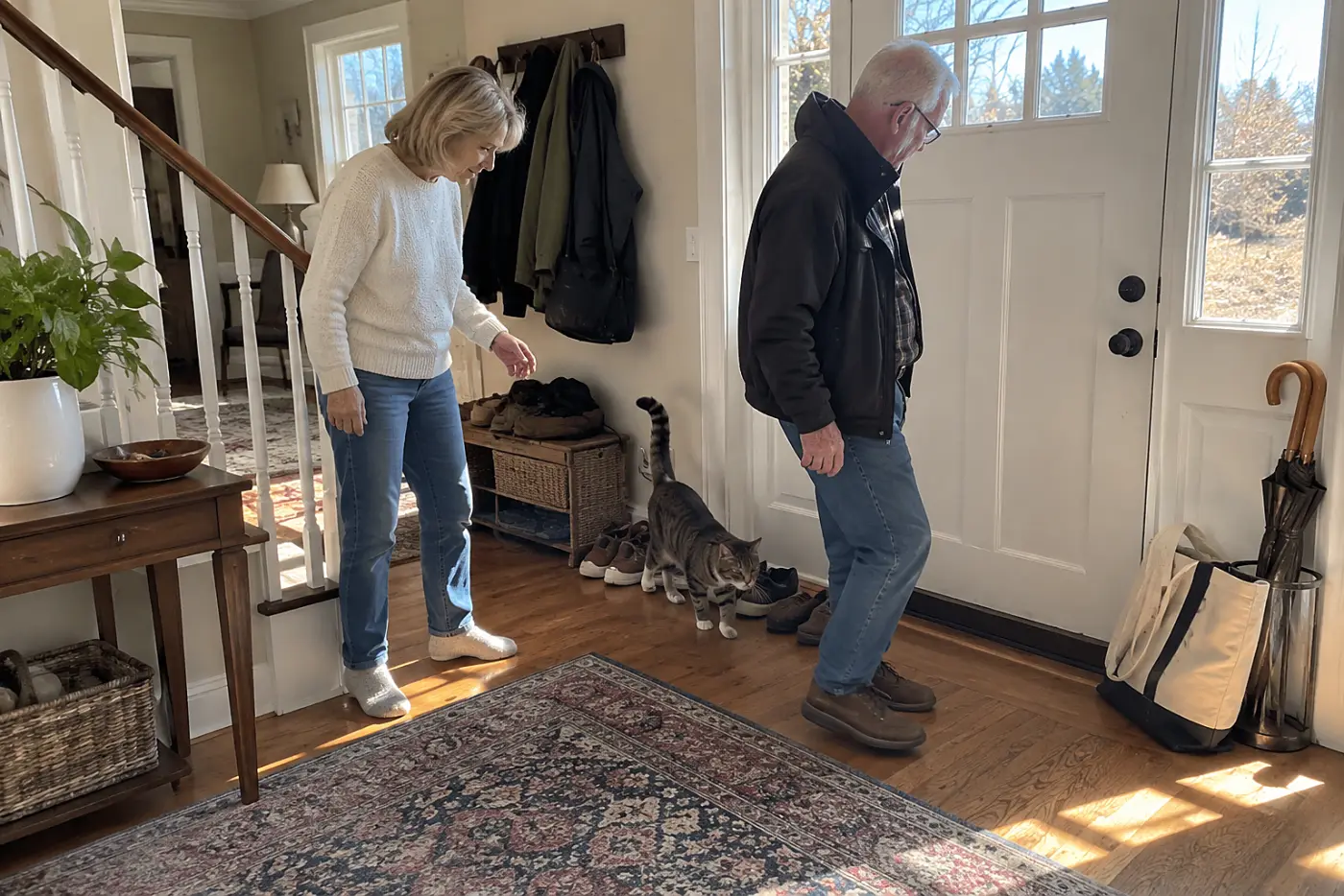 Older woman watching her cat leave a busy hallway corner near the front door.