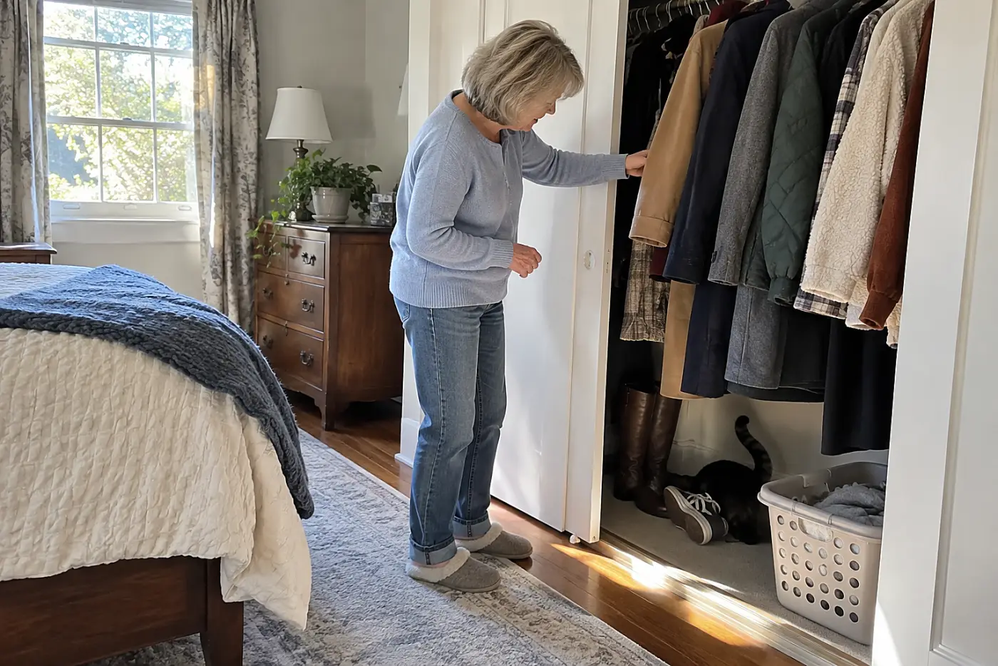 Older woman looking for her cat among the shoes in a bedroom closet.