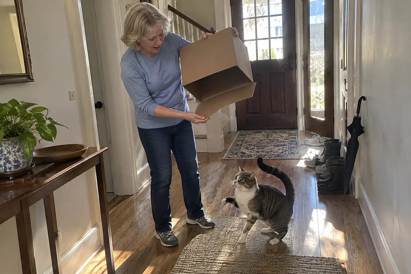 Older woman checking a cardboard box for tape while her cat waits beside it in a hallway.