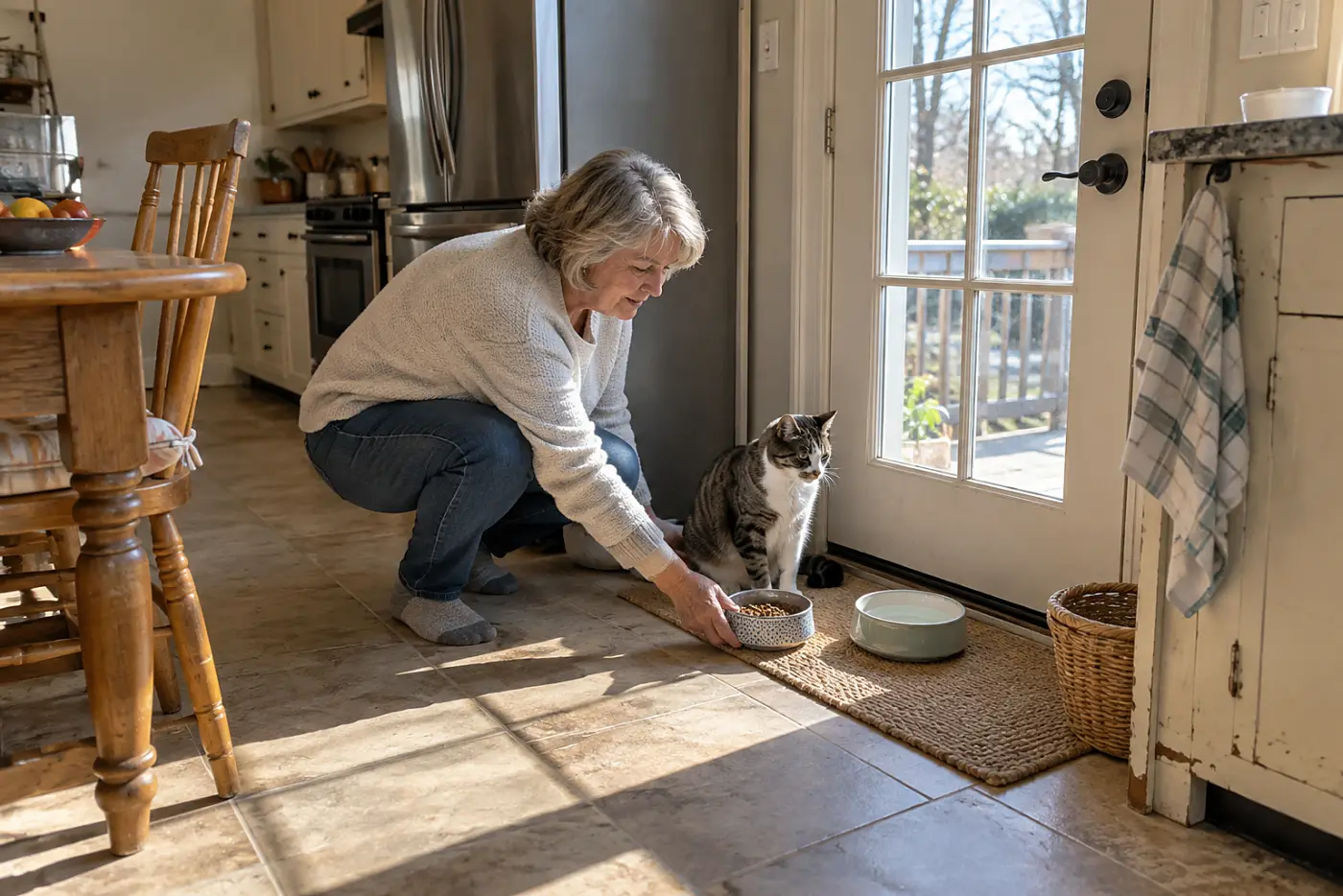 Older woman checking an untouched food bowl in a kitchen while her cat rests nearby.