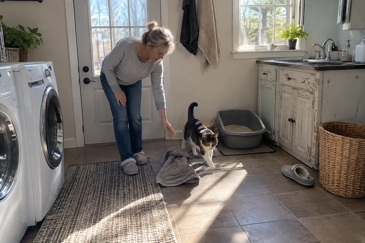 Older woman watching her cat approach a litter box in a utility room.