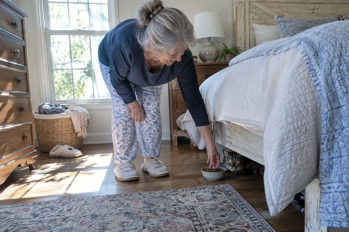 Older woman checking a food bowl while her cat stays beneath a bed.
