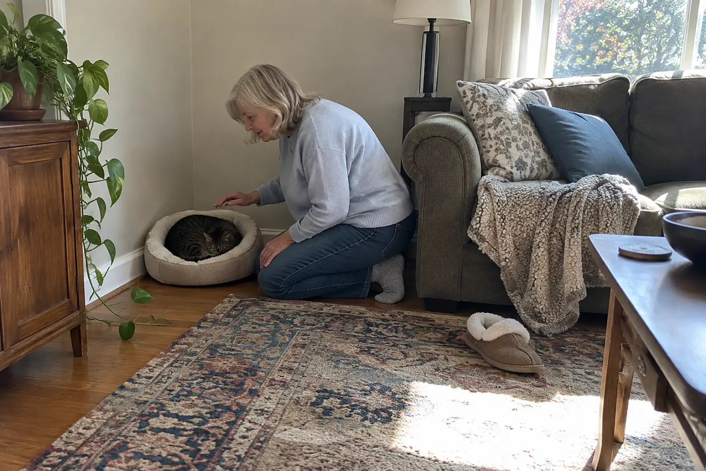 Older woman kneeling near a cat curled tightly in a living room corner.