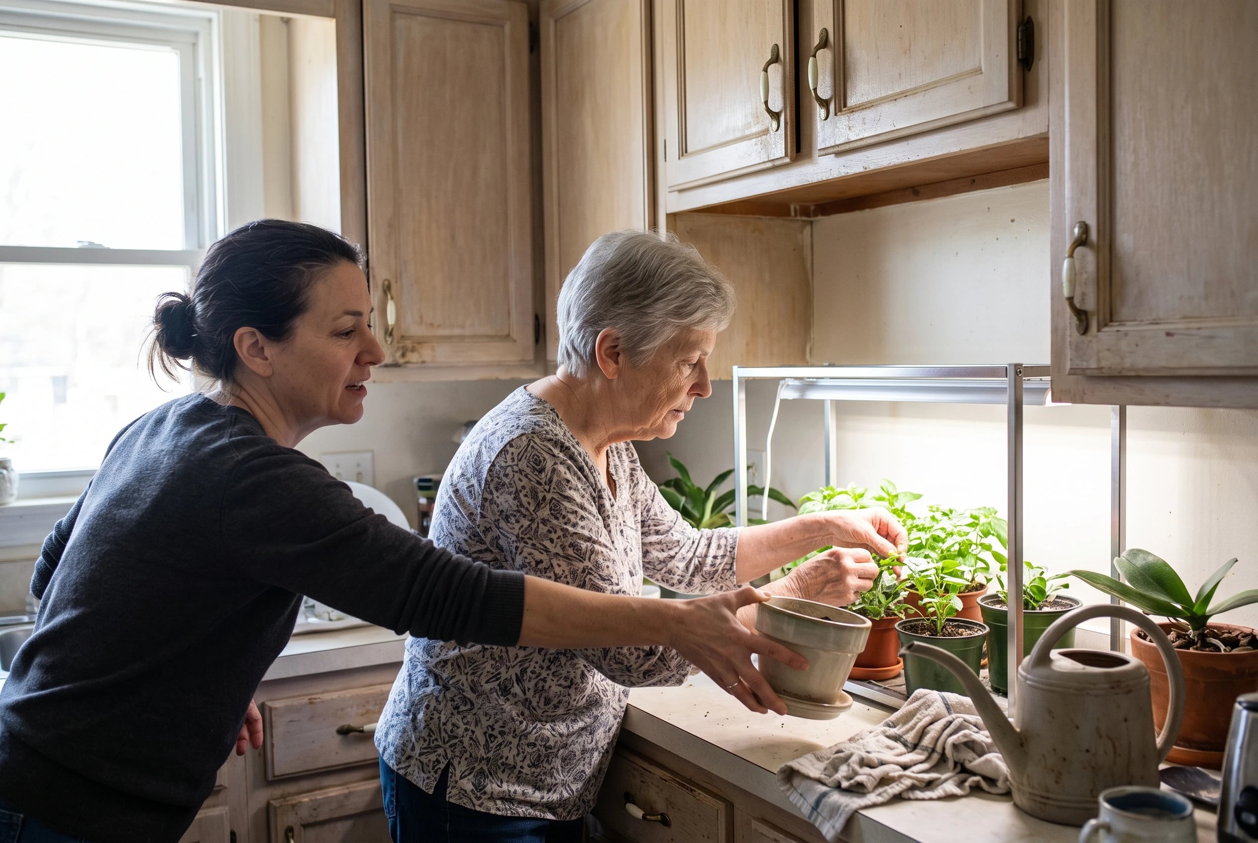 Older woman checks plants beneath a countertop grow light in her kitchen.