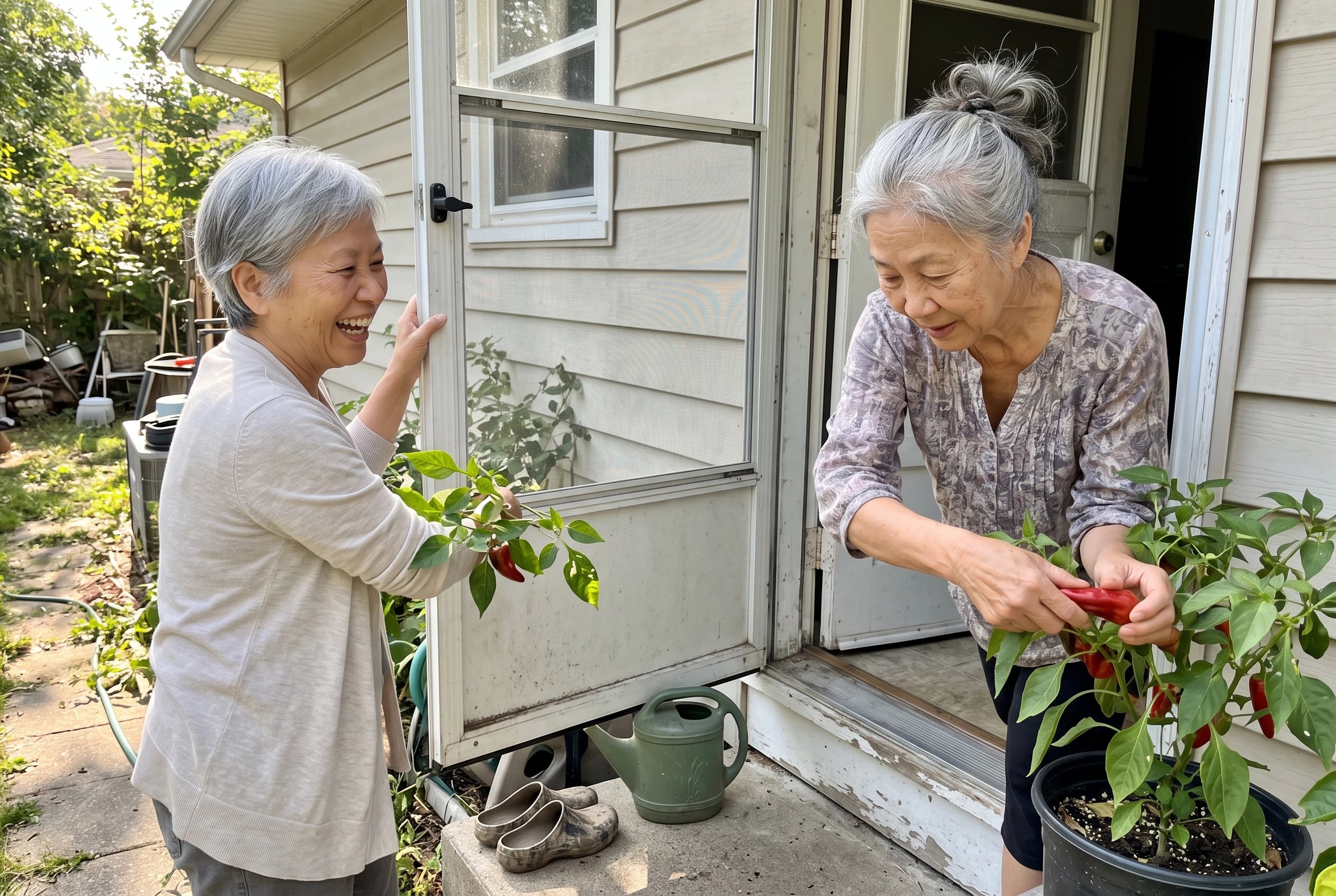 Older woman picks a pepper from a container beside her back door.