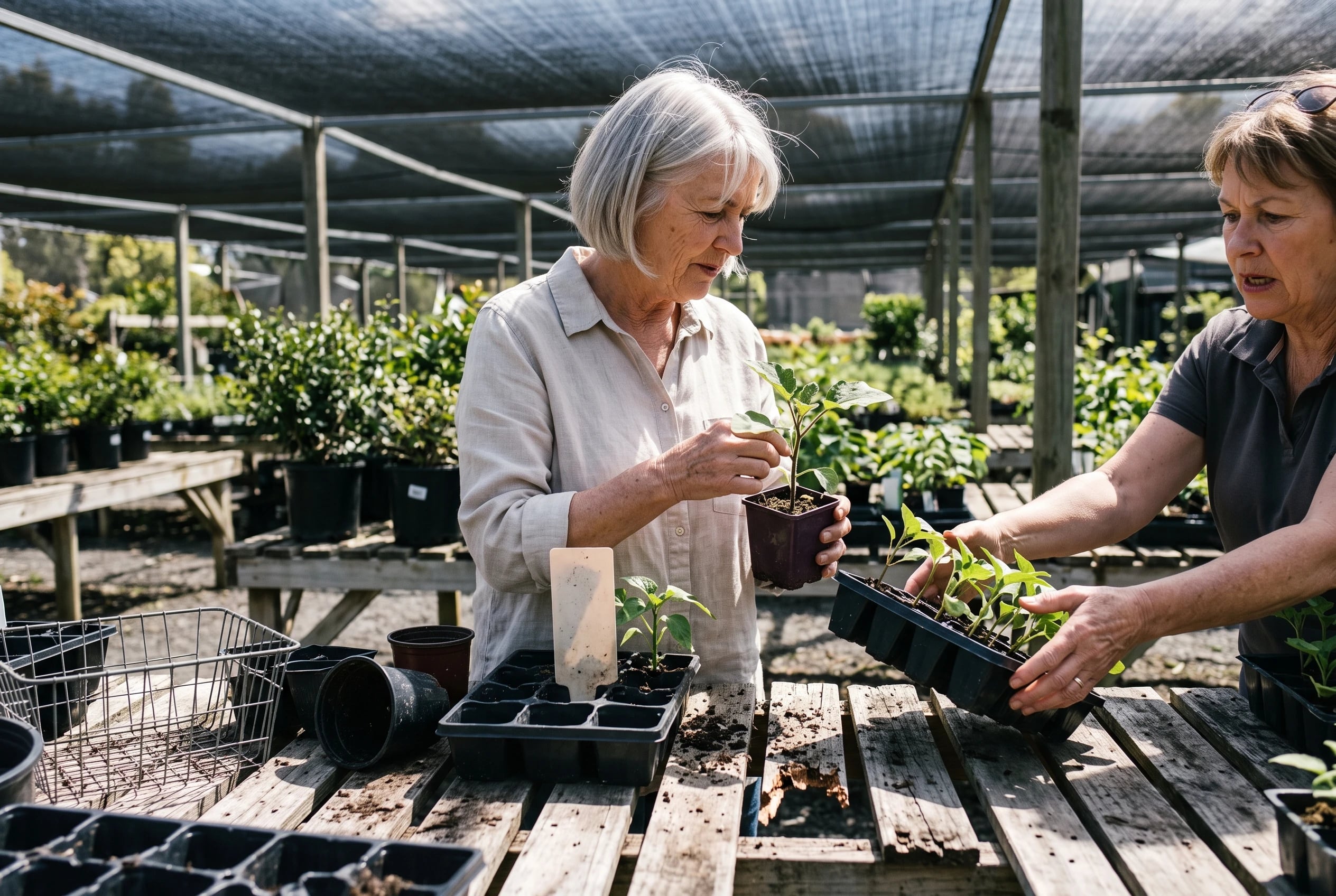 Older woman reads the variety tag on an eggplant seedling at a nursery.